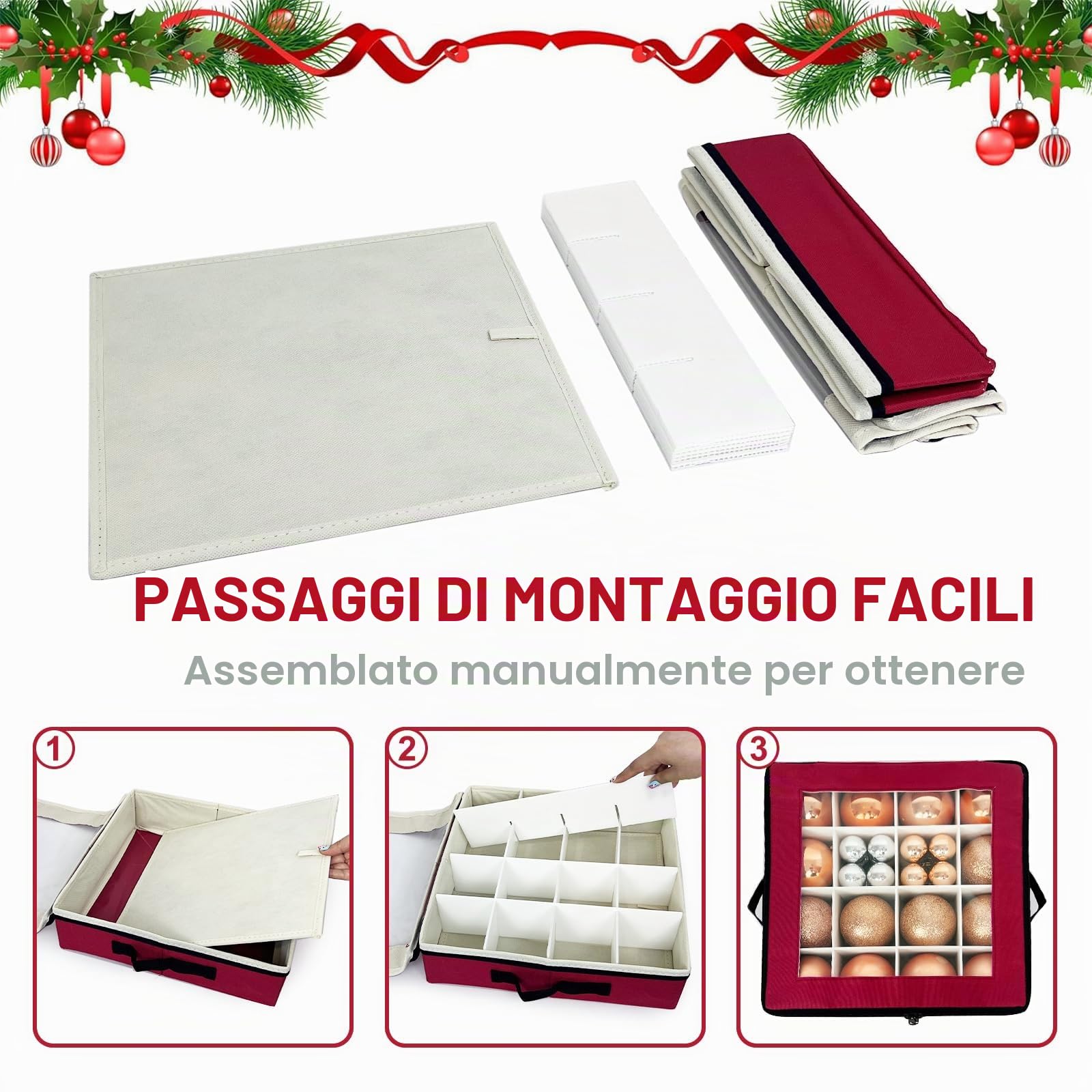 Scatola portaoggetti per ornamenti natalizi con divisori, 4 pezzi, organizer pieghevole per decorazioni natalizie, con 2 manici e coperchi, per le vacanze (rosso)