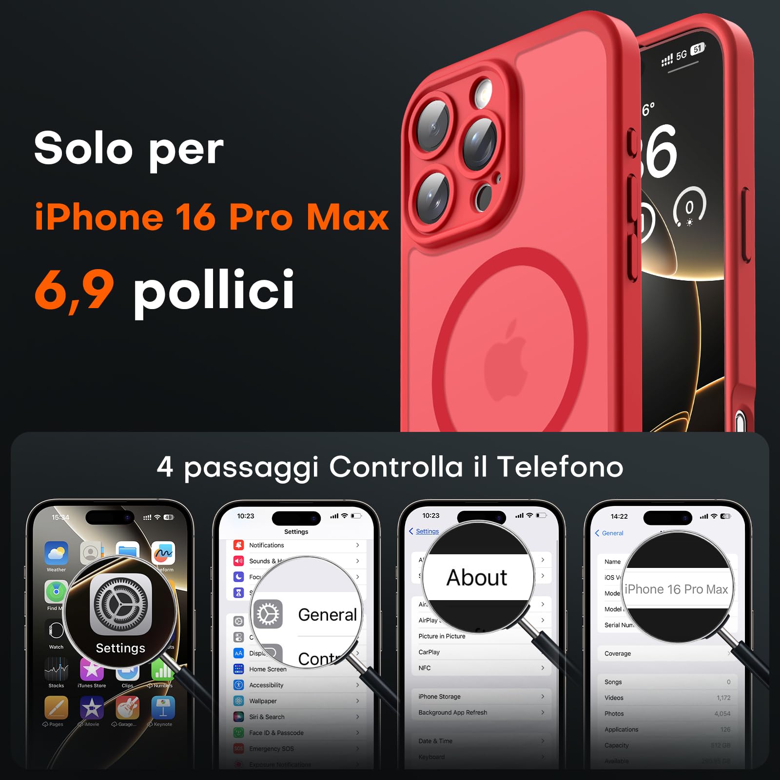 TOCOL Cover Magnetica per iPhone 16 Pro Max 6,9 Pollic, Compatibile con MagSafe, Protezione Fotocamera Integrata, Custodia Antiurto Traslucida Opaca, Rosso