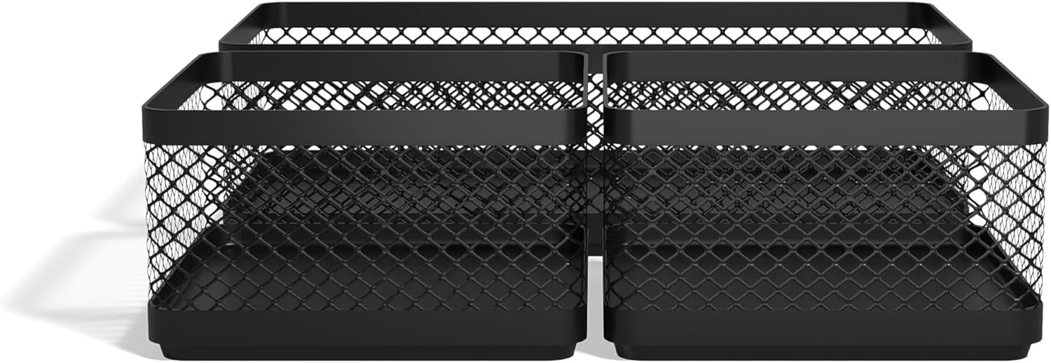 TRU RED Stackable Wire Mesh Desk Organizer, 3‑Compartment – Desktop Storage for Office Supplies & Accessories