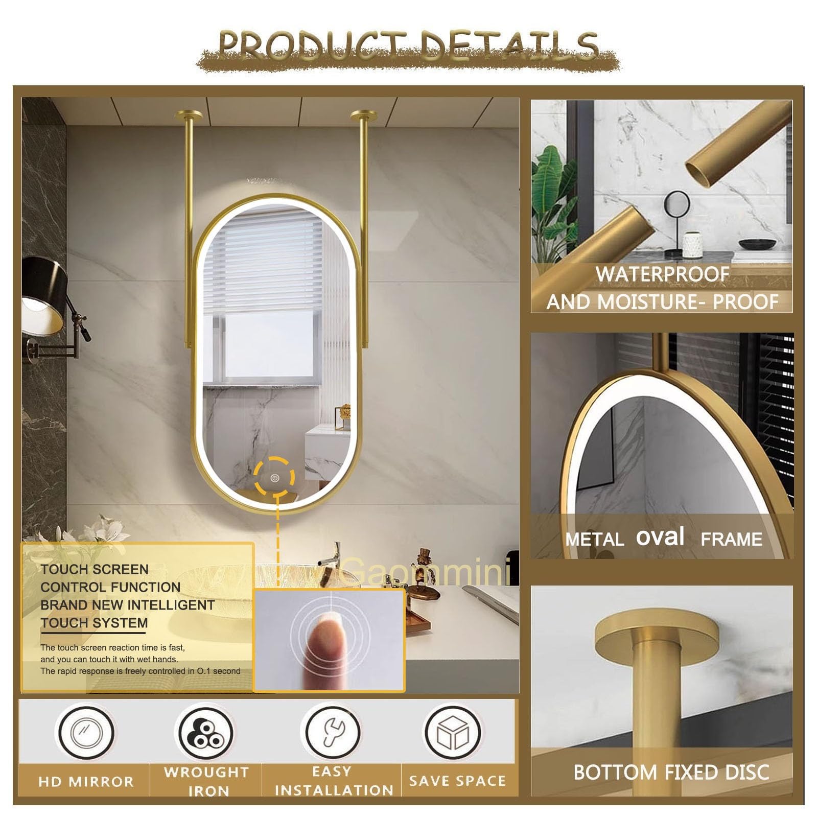 Espejo de Maquillaje Dorado con luz para Techo, Espejo Ovalado con Marco de Metal y Luces LED, Espejo de tocador de baño suspendido con Barra para Colgar en el Techo.(40cmx70cm)