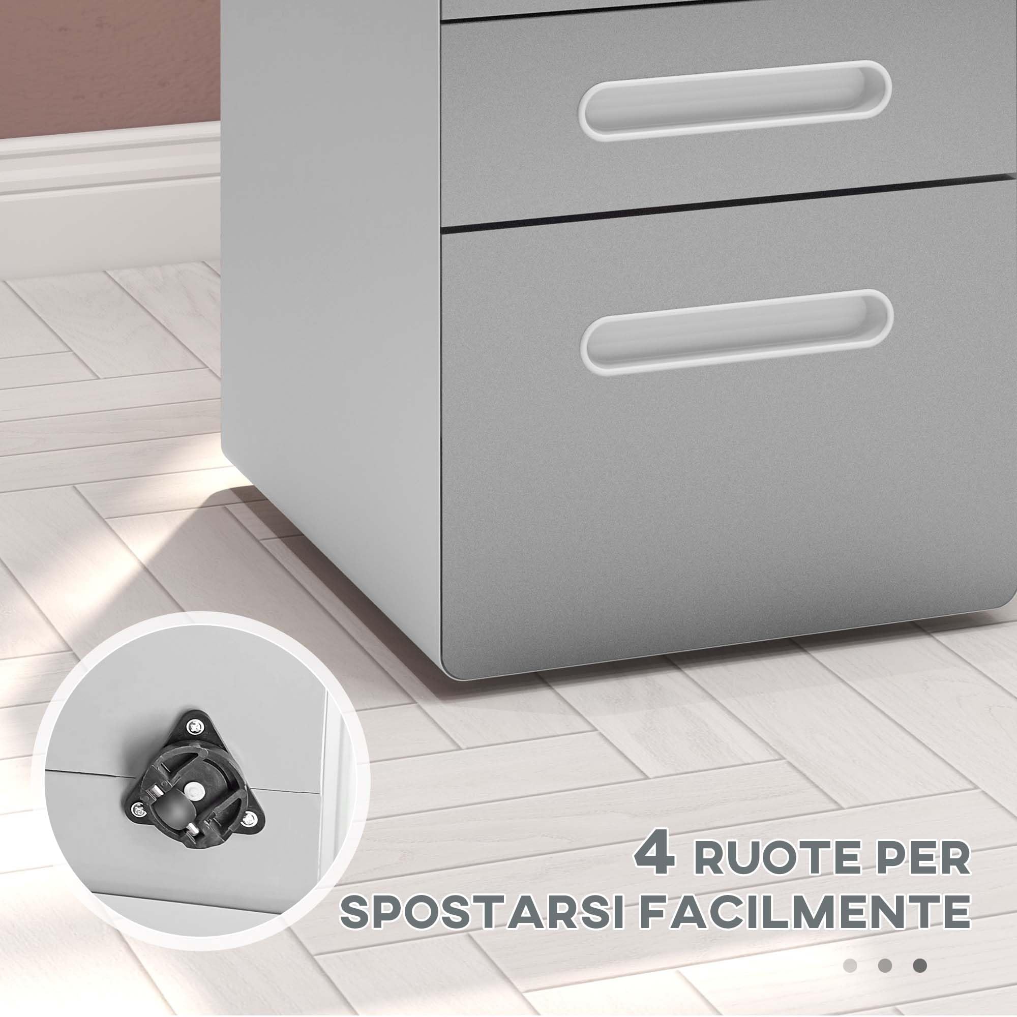 Vinsetto Cassettiera da Ufficio 3 Cassetti con Serratura, Grigio Chiaro | Ruote, Mobile per Ufficio, Portadocumenti Formato A4 Legale e Lettera