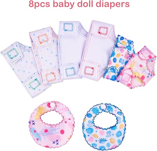 Miniatura 2 de BABESIDE Juego de 6 pañales para muñecas y 2 baberos reutilizables para muñecas de 12 a 18 pulgadas, ajustables