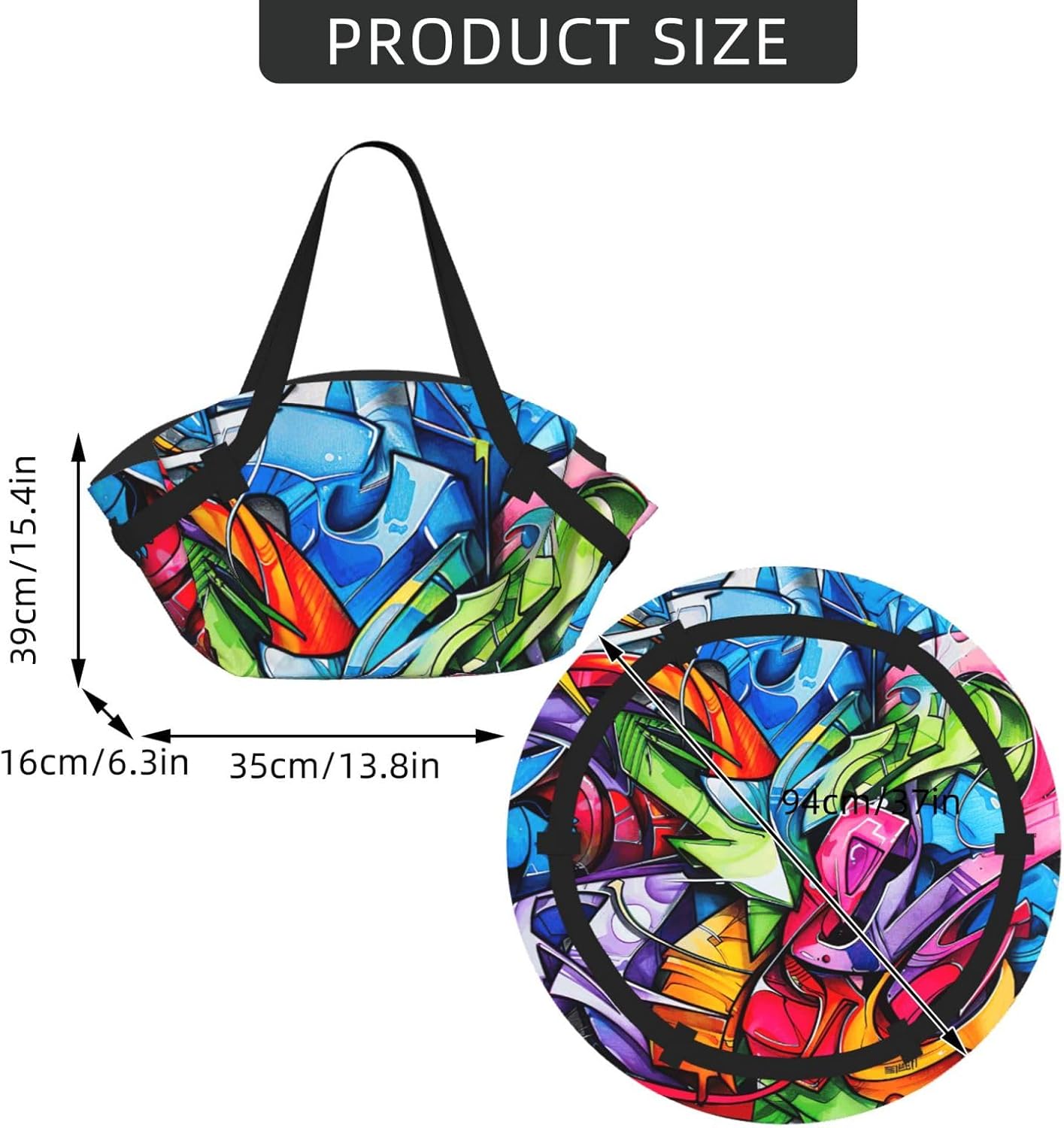 Foldable Graffiti Drawing Print 2-in-1 Portable Picnic Blanket Tote Bag Outdoor Camping Beach Park Mat