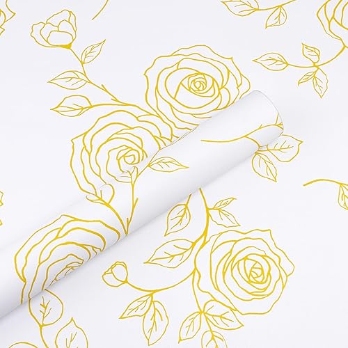 AMIYA Papel tapiz de flores para despegar y pegar, papel tapiz bohemio dorado y blanco, renovación de dormitorios, armarios, etc. Papel tapiz de