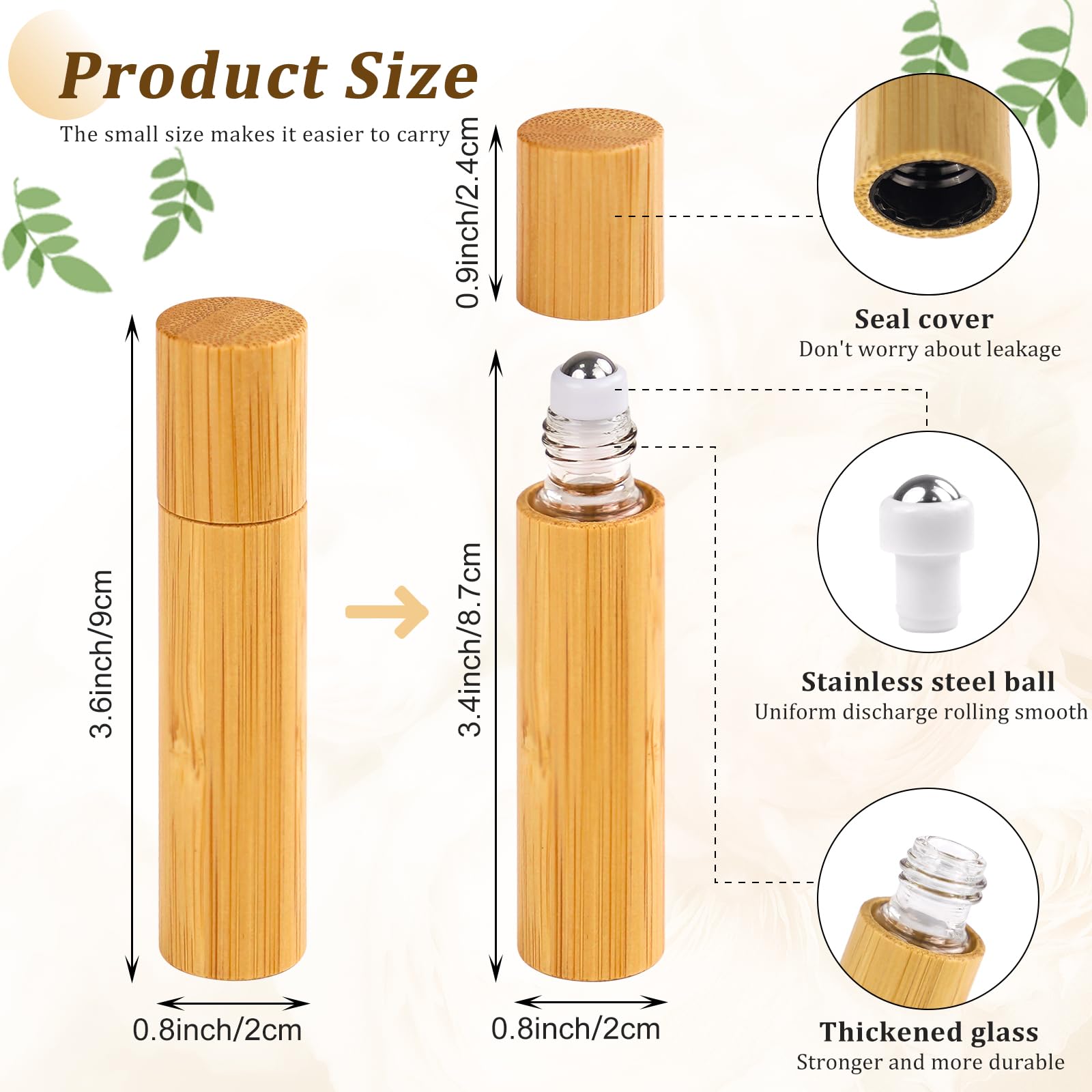 AUHOKY Lot de 12 flacons à bille en bambou de 10 ml pour huiles essentielles, flacon d'huile de massage portable avec bille roulante en acier inoxydable, respectueux de l'environnement, récipient pour
