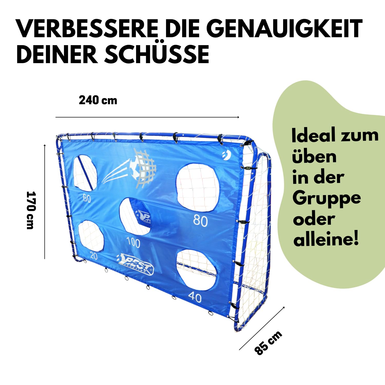 Best Sporting Fußballtor I Fußballtor Kinder 240 cm x 170 cm x 85 cm I sehr stabil Fußballtor mit Blauer Torwand I Hochwertiges Kindertor mit Netz, Torwand & Heringen I Fussball Tor Grau