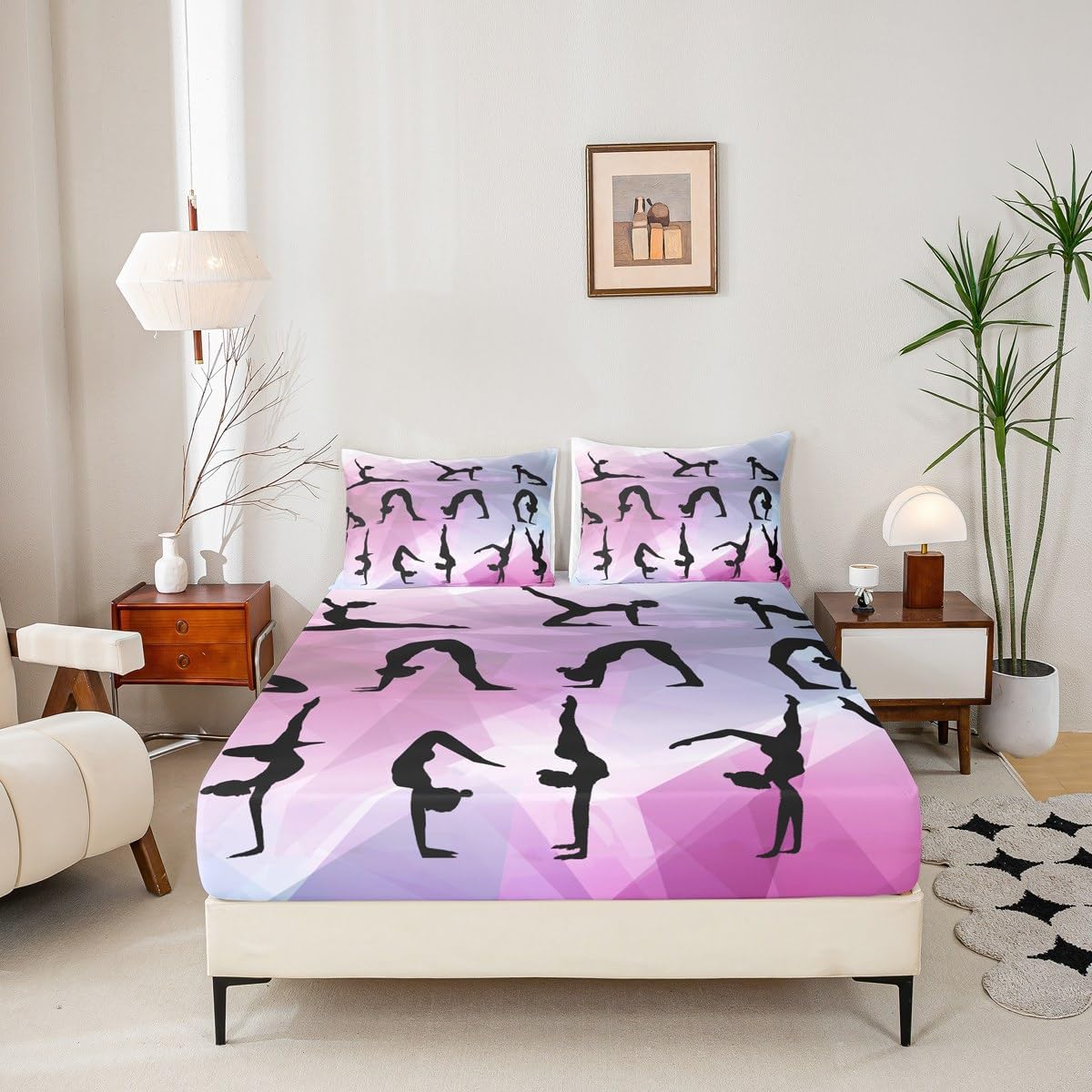 Gymnastics Bedding Set Full Size,Dancing Lover Silhouette Bed Sheet Set 3pcs for Kids Girls Woman Gymnast Room Decor,Cheerleading Sports Fitted Sheet Pink White Bed Cover with 2 Pillowcases