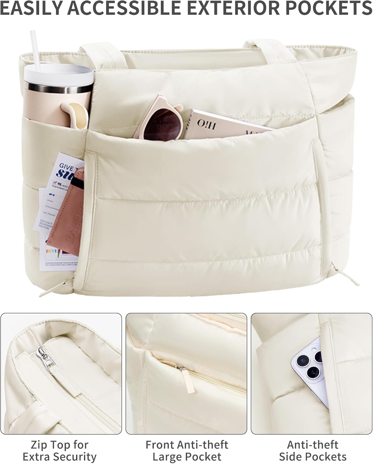 Puffer Tote Bag for Women, Lightweight Puffy Work Handbag Teacher Nurse Quilted Shoulder Bag for School Travel Gym | Cloud Bag w/ Zipper, Daily College Bags, 15.6" Computer Bag, Clinical Nursing Bag, 40 OZ Tumbler Holder, Ideal Gift for Women - Image 5