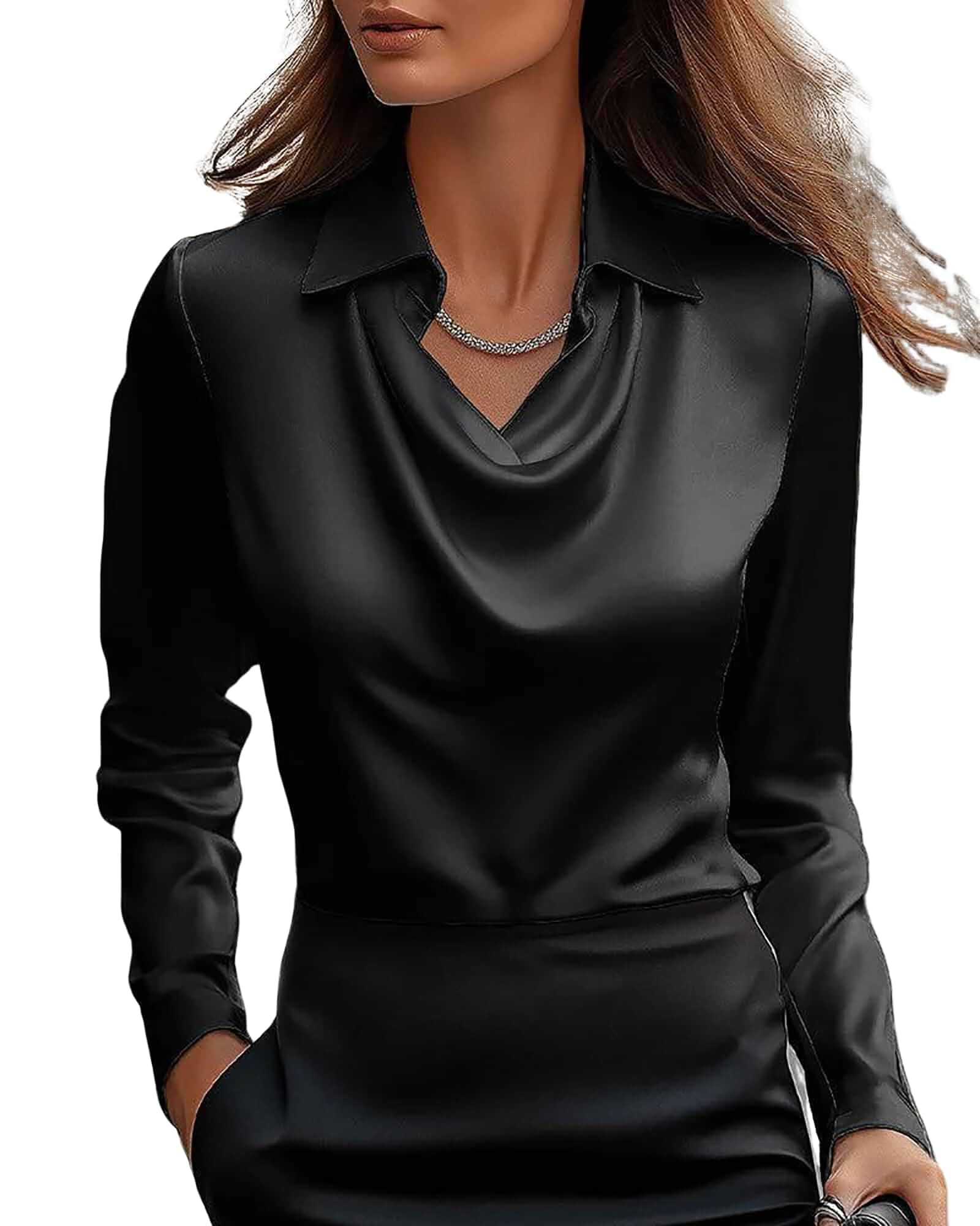 CORIRESHA Women's Elegant Cowl Neck Satin Blouse Long Sleeve Office Work Shirt Silk Top Long Sleeve