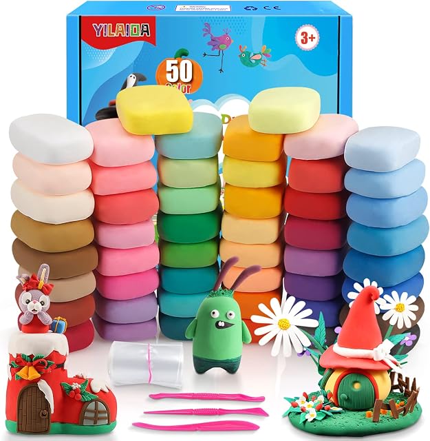 YILAIDA Air Dry Clay, 50 Colors Modeling Clay Ultra Light Non-Toxic Magic Air Drying Clay with Modeling Tools, Accessories and Booklet Art Craft Gift to Kids and Beginner