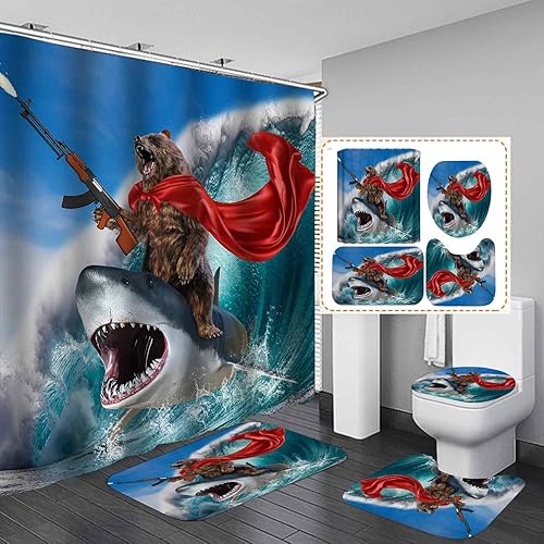 Juego de 4 cortinas de ducha divertidas con diseño de oso de oso en olas oceánicas, decoración de baño para adolescentes y niños, cortina de ducha