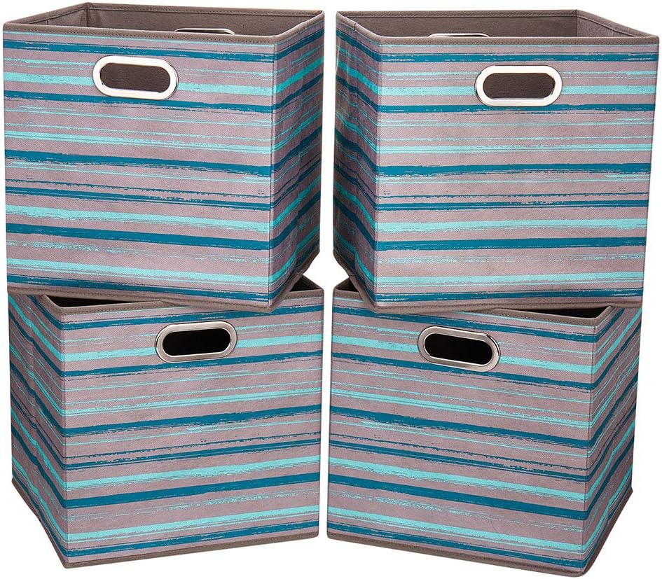 i BKGOO Cloth Storage Bins Set of 4 Thick Fabric Drawers Foldable Cubes Basket Organizer Container with Dual Metal Handles for Shelf Cabinet Bookcase Boxes Gray-Blue Stripes 13x13x13 inch