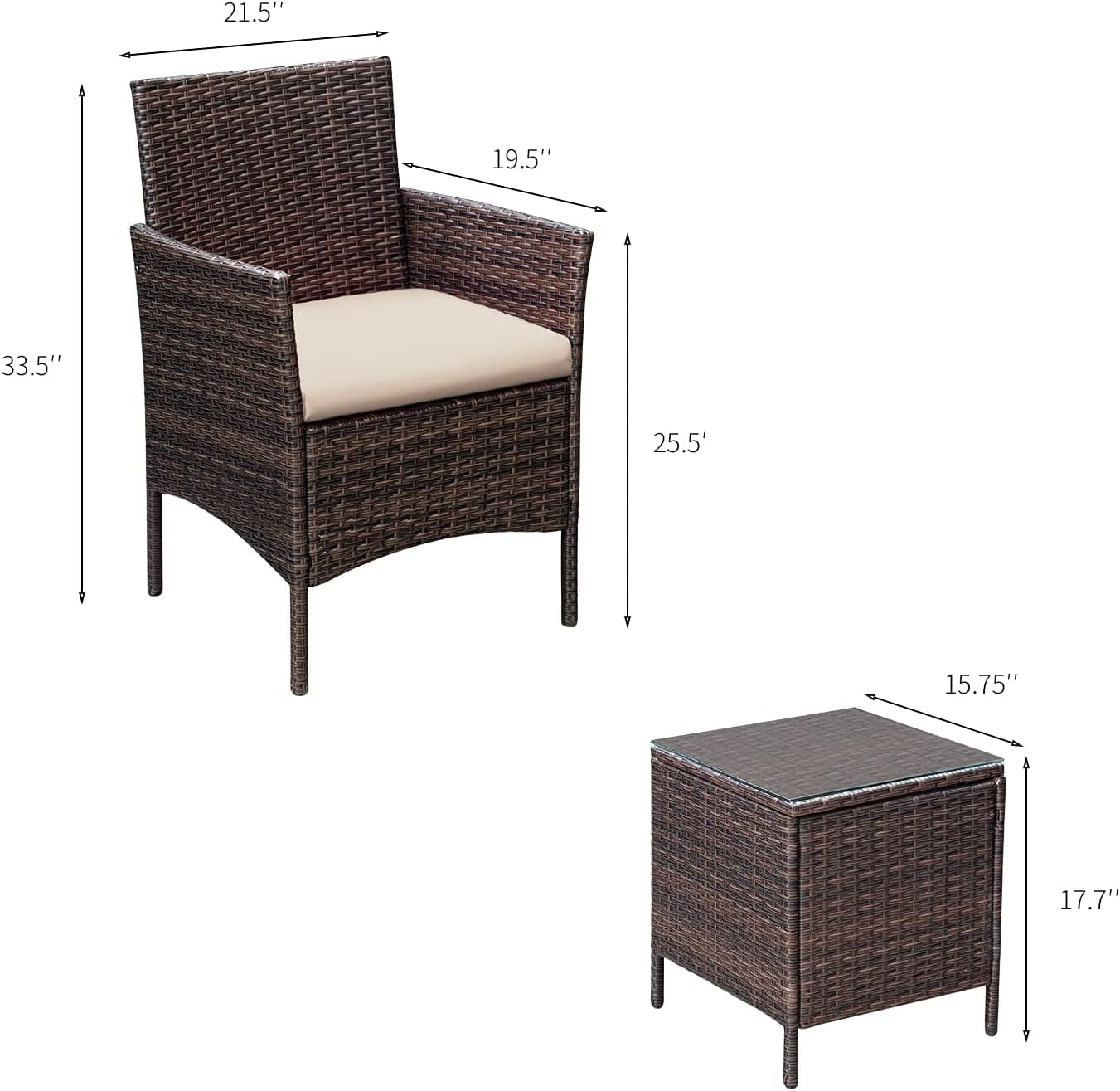 3 Pieces Outdoor Patio Porch Furniture Sets, PE Rattan Wicker Chairs with Table, Brown and Beige