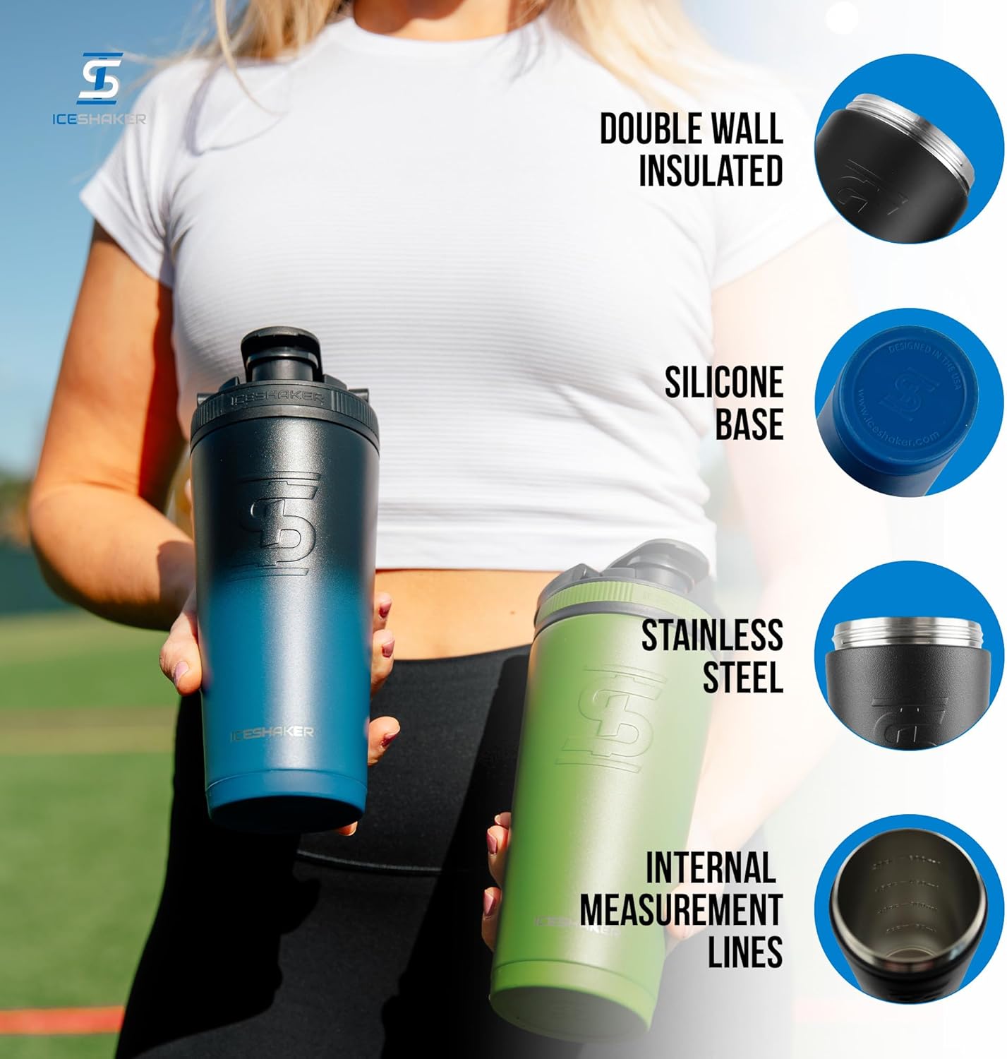 Ice Shaker Insulated Stainless Steel Shaker Bottle | 26oz, Navyblack | Cold for 30+ Hours | Insulated Cup with Twist-on Agitator | Odor-Free Bottle for Protein Shakes, Water, Smoothies, Cocktails - Image 2