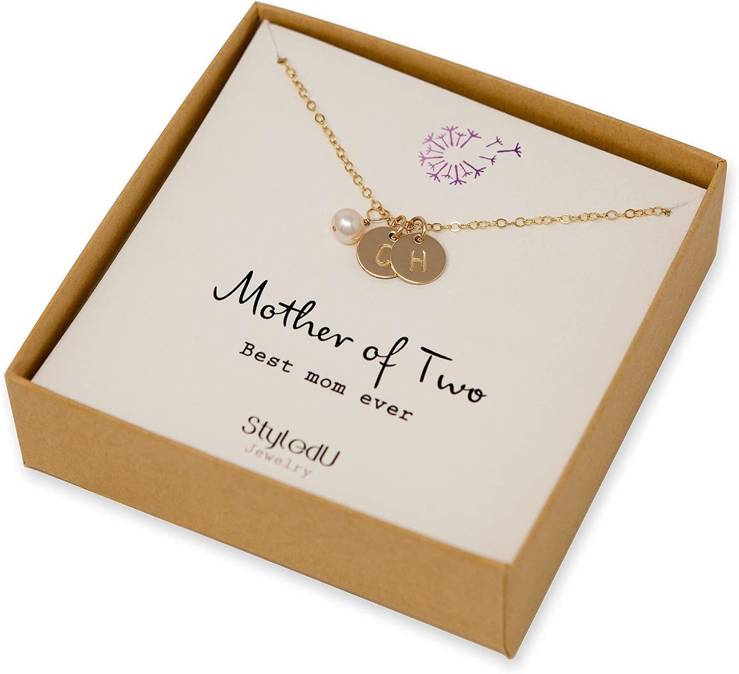 Personalized Mother of 2 Children Initial Necklace – 14K Gold Filled Custom Children's Initial with Pearl, Meaningful Gift for Mom on Mother’s Day, Birthday, Christmas, Thanksgiving