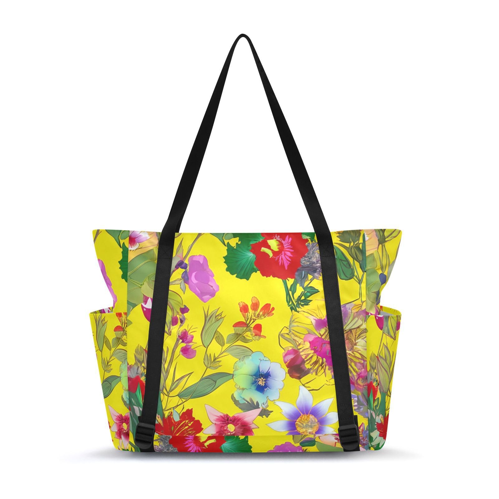 Lxqimora Colorful Flowers Yellow Yoga Mat Bag for Women Water-Resistant Gym Bag with Yoga Mat Holder Tote Bag for Office Travel Yoga Pilates