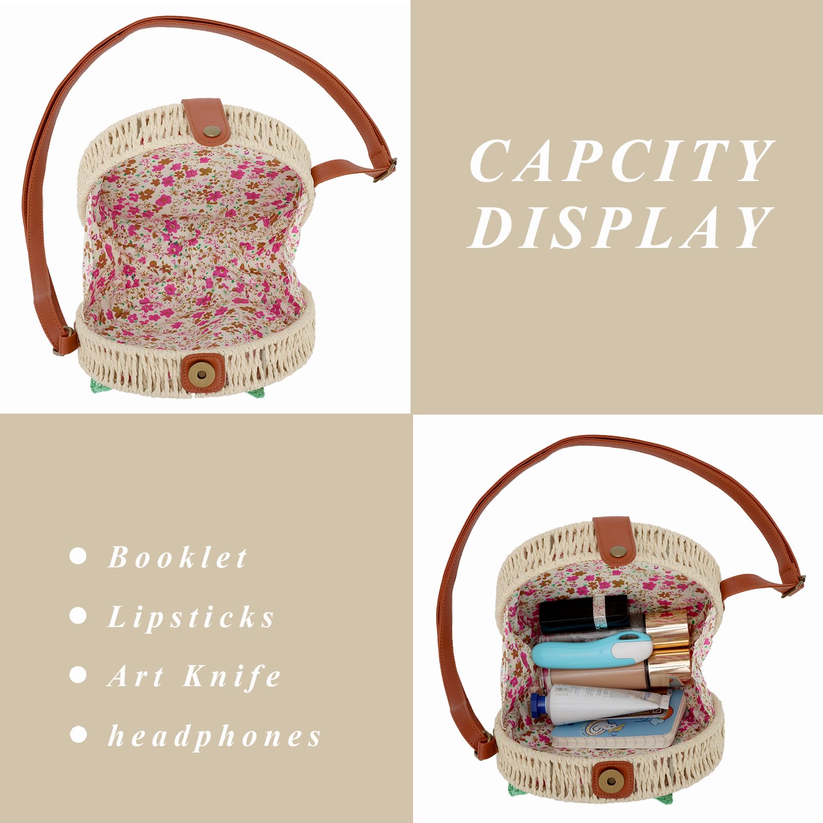 Ynport Crefreak Donna Rotondo Paglia Borsa A Tracolla Da Spiaggia Tessuta A Mano Borsa Borsa Naturale Chic Borsa Cerchio Boho Borsa per Vacanze Incontri Spiaggia