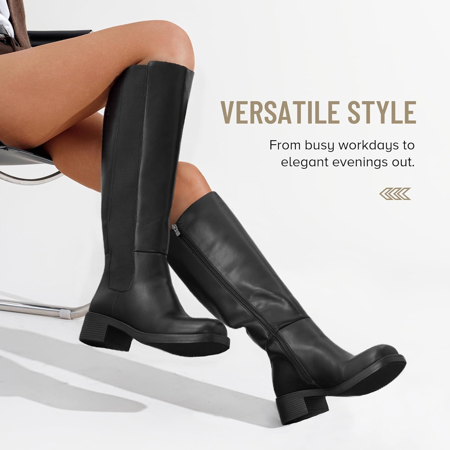 Vepose Women's Low Heel Knee High Boots, 9566 Pull-on Elastic Band Round Toe Tall Gusset Boot with Inner Zipper - Image 7