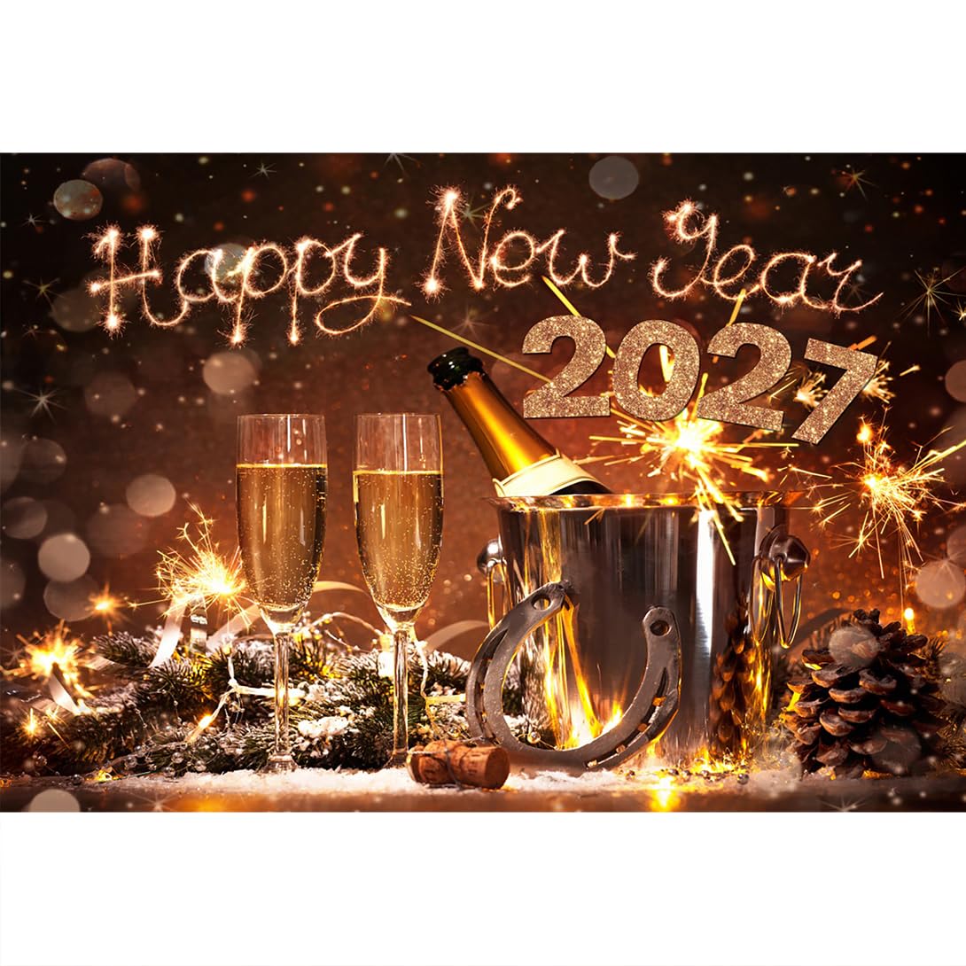 DORCEV 8x8ft Happy New Year 2027 Backdrop for Photography Bokeh Firework Champagne Bucket Horseshoes Background Christmas New Year Eve Winter