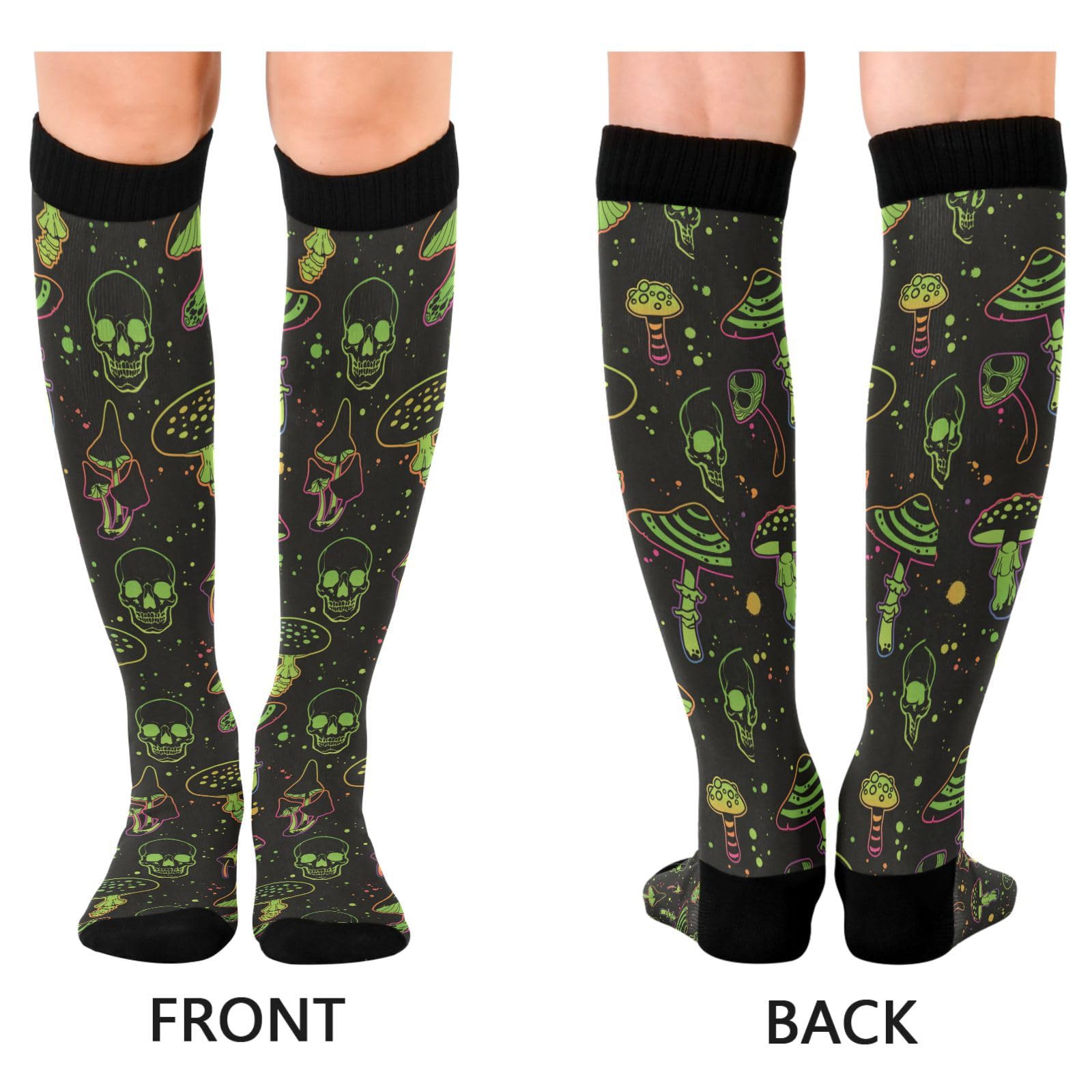 Compression Socks for Men Women Circulation Sport Knee High Socks Support for Athletic Running Hiking Cycling Fitness Travel Nurse Woodland Witchy Mushrooms Skull Happy Halloween