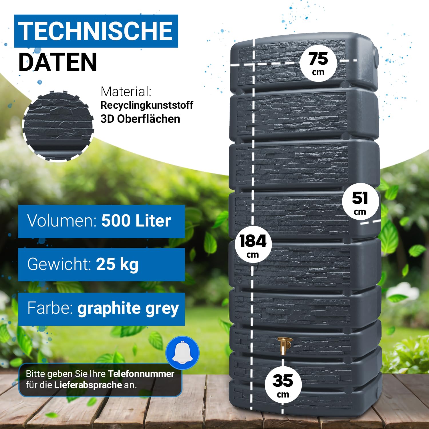 4rain Slim Stone Decor Regentonne Wandtank 500 Liter Graphite Grey - schmale Steinoptik für den Garten - Moderne Wasserentnahme mit Auslaufhahn - nachhaltige Aufstellung an der Hauswand mit Öffnung