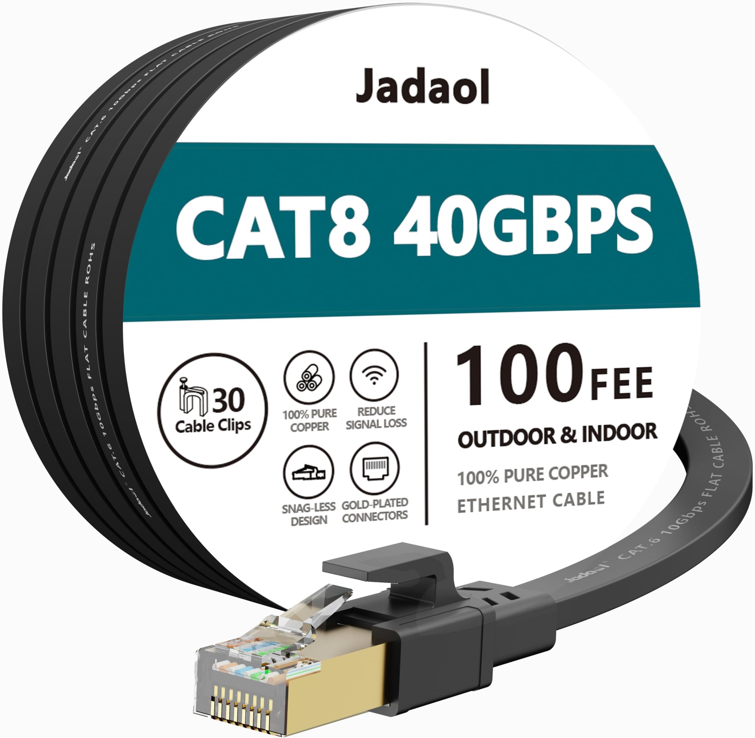 Cat7 Ethernet Cable 100 Ft Flat, jadaol Shielded (STP) Network Cable Cat 7 Flat Ethernet Patch Cable, internet computer cable with Snagless Rj45 Connectors - 100 Feet Black (30meters)