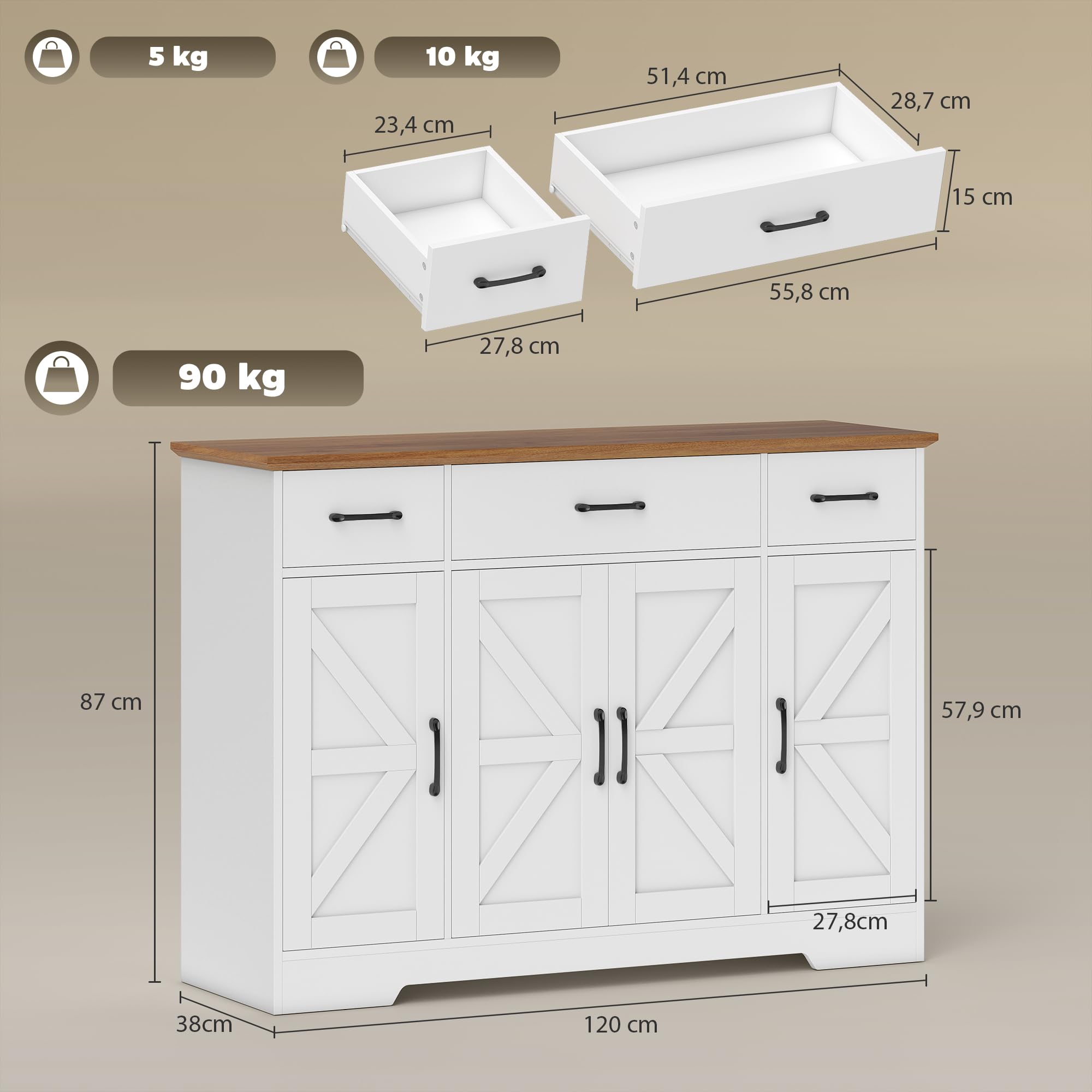 HOMCOM Aparador de Cocina Rústico, Armario de Cocina con 4 Estantes de Puerta, 3 Cajones, Estantes Ajustables, Puerta con Cierre Suave, Mueble de TV para 48-55 Pulgadas, 120x38x87 cm, Blanco y Nogal