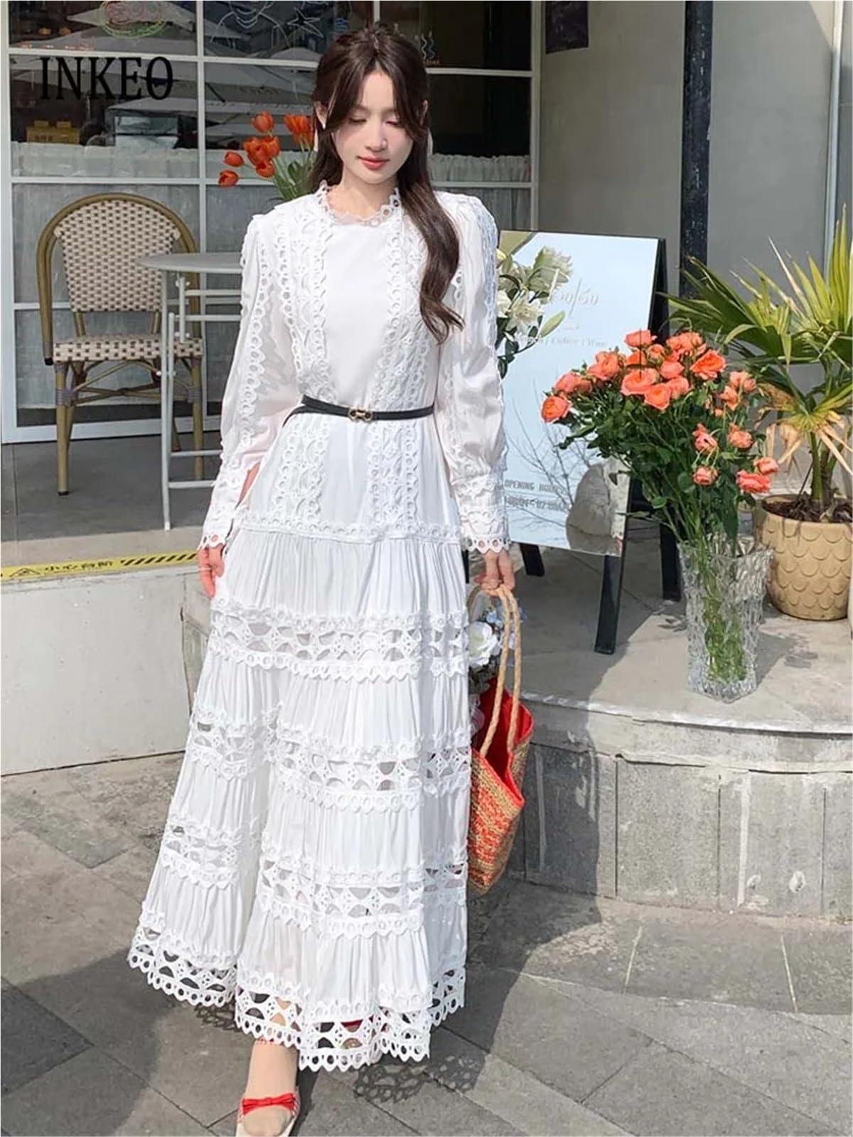 Abito da strega vintage Abito lungo con maniche a sbuffo da donna Abiti svasati patchwork di pizzo cintura Solido
