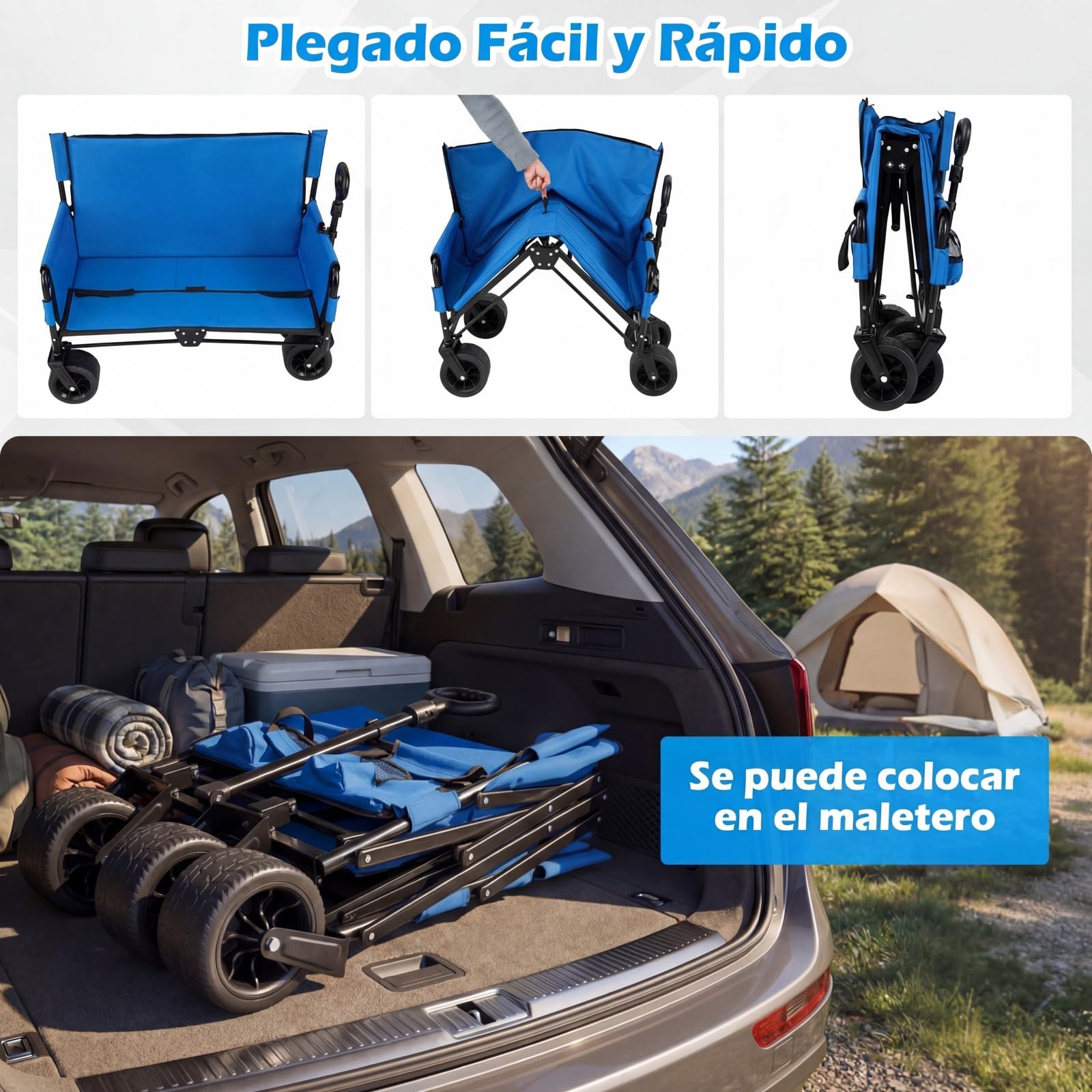 GOPLUS Carro de Playa Plegable 2 en 1 con Banco, Carrito de Transporte con Ruedas Grandes Todoterreno, Asa Regulable y Giratoria, Cojines Blandos, Estructura Metálica, para Camping y Compras (Azul)
