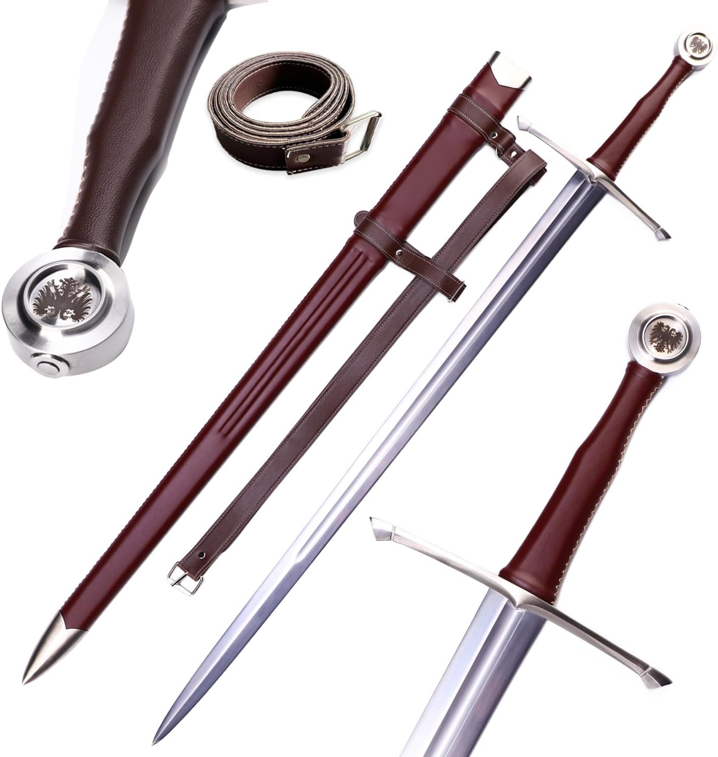 49"/41.5" Medieval Western King Arthur Sword with Leather Sheath Sharp Full Tang Real,High Carbon Steel Two-Handed Long Sword,Historical Collectible/Training/Medieval Decor 46in-0173C-1