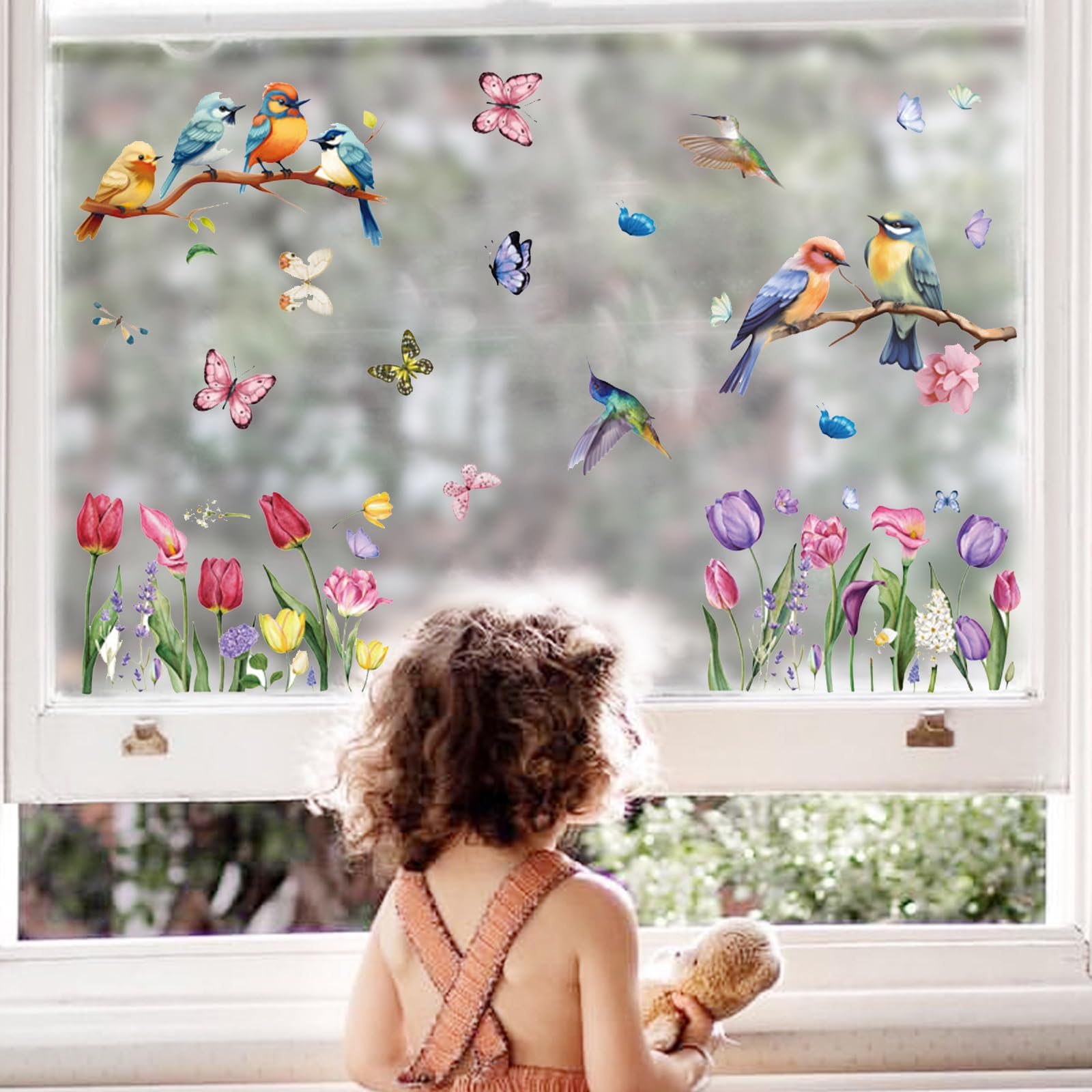 9 feuilles d'autocollants pour fenêtre, printemps, 99 pièces, décoration de fenêtre