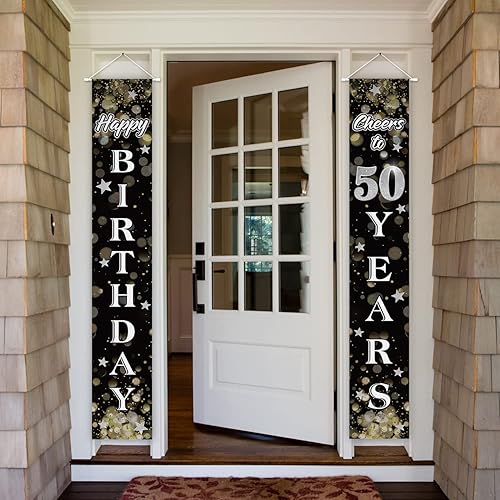 Miniatura 39 de Decoraciones de feliz cumpleaños 18, cartel colgante de puerta con temática de cumpleaños de estrella de ensueño negro y plateado de 18 años