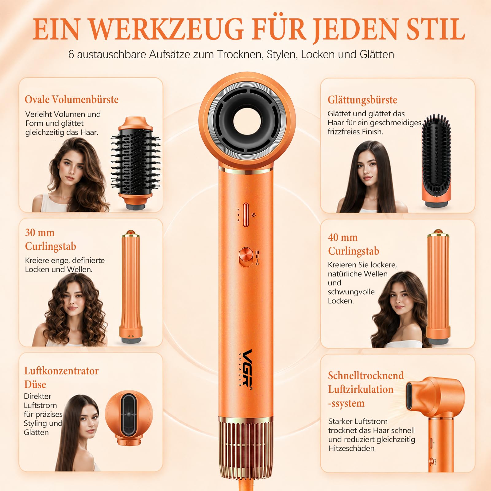 VGR 478 6-in-1 Hairstyler, 1300W Haarstyling Geräte Mit Föhnbürste Und Rundbürstenföhn, Airstyler Mit 3 Lüftergeschwindigkeitsstufen Und 4 Temperaturstufen, Lockenföhn Mit Abnehmbare Rückseite, Orange