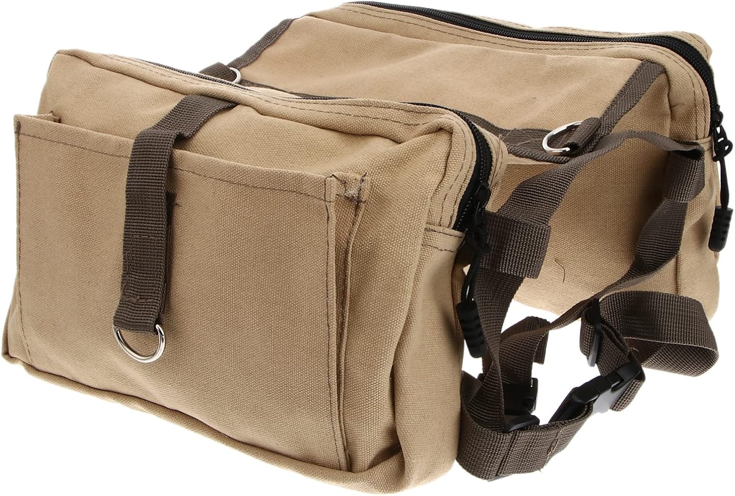 TEHAUX Hound Travel Camping Backpack Saddle Bag for Medium Large Dogs Khaki Canvas Rucksack Zipper Compartments Belly Straps for Hiking Everyday Use