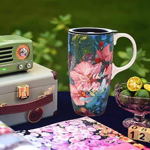 Miniatura 2 de DUSVALLY Taza de cerámica grande taza de café alta tazas de viaje taza de té con leche de porcelana con tapa y caja de color 17oz, simplemente cree,