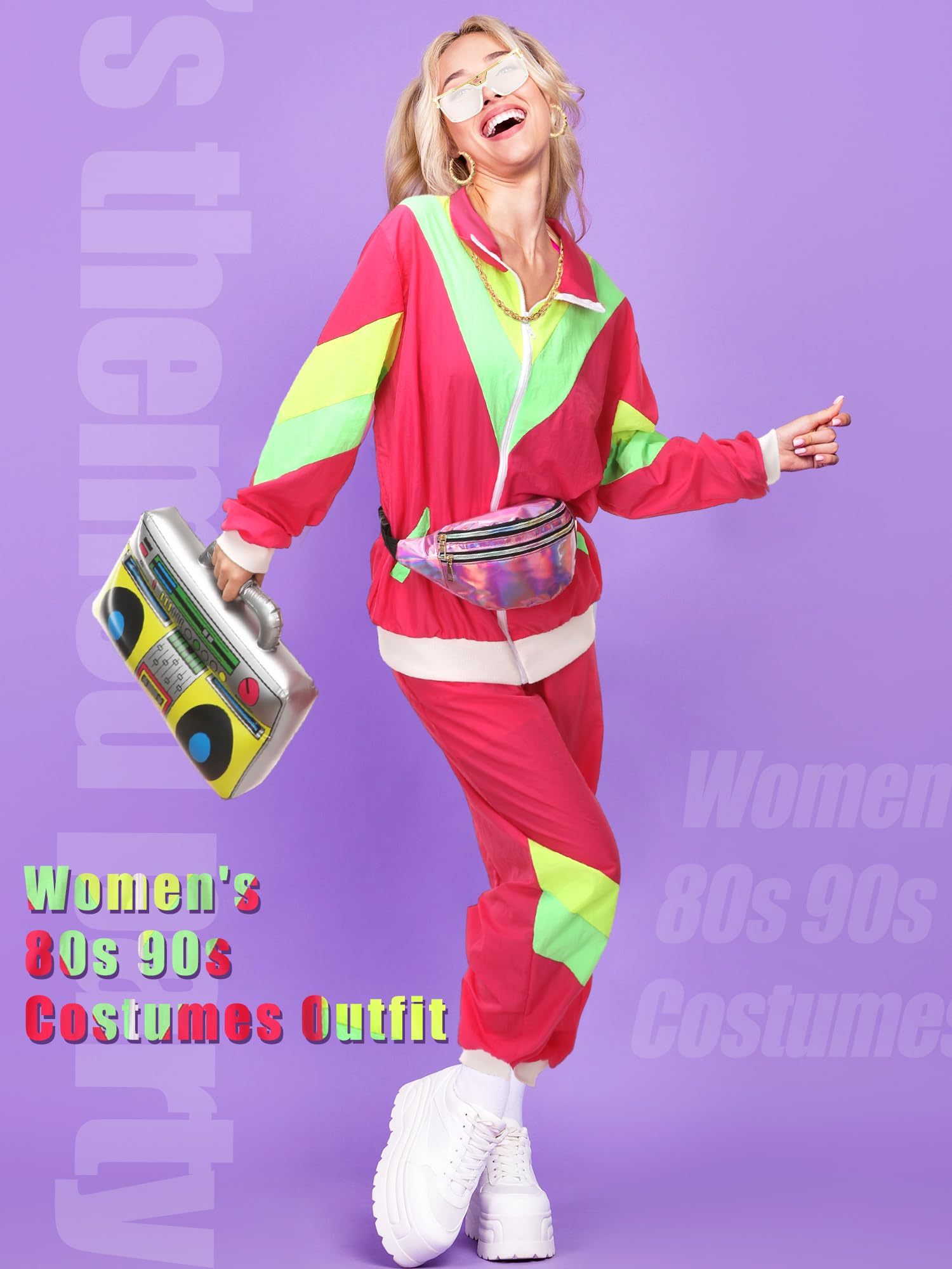 6 Pcs 80s 90s Costumes Women's Halloween Hip Hop Retro Outfit Cosplay Accessories Pullover Hoodies Zipper Jacket (X-Large)