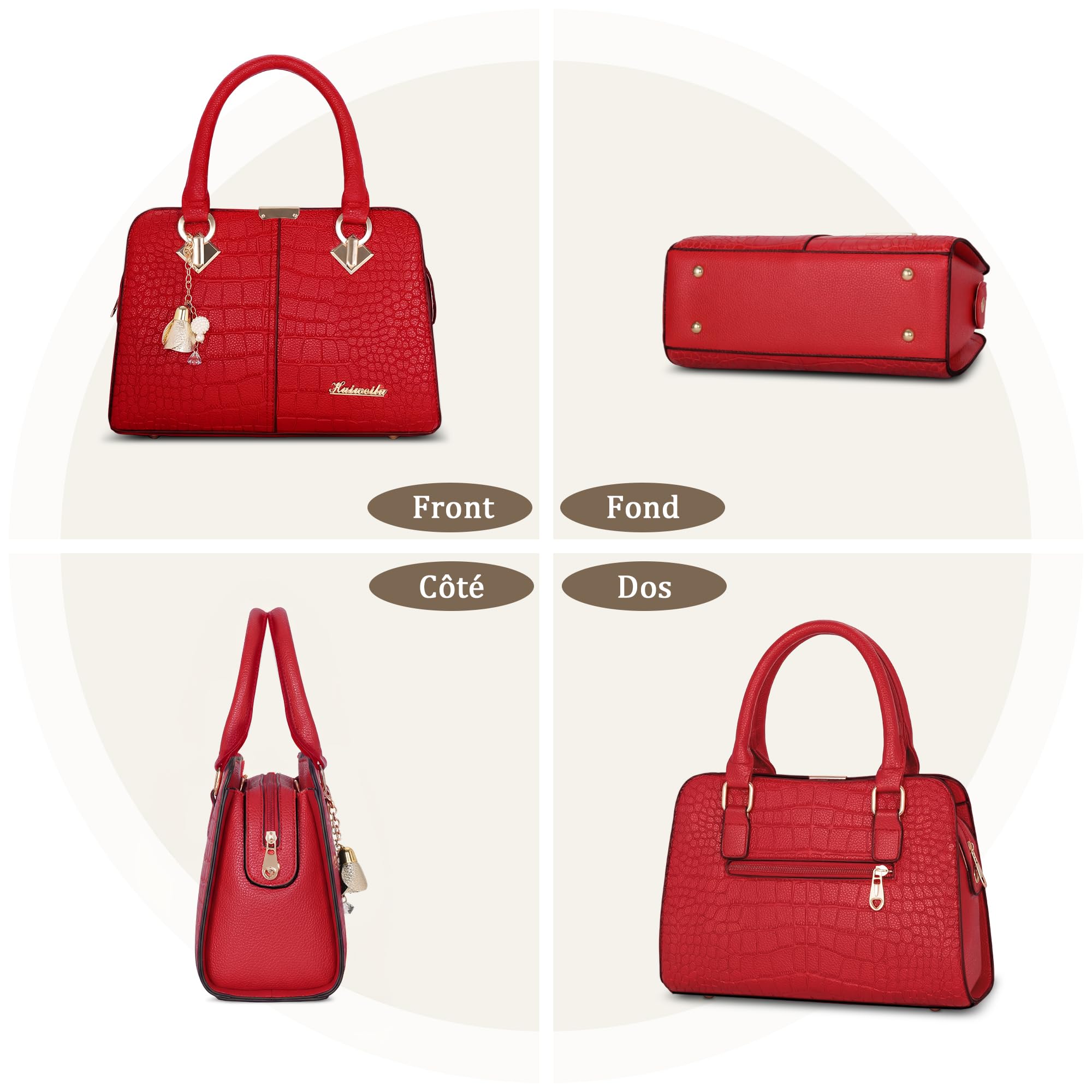 Femme Sac à Main Elégant Top Poignée Sacs à Bandoulière avec Exquis Pendentif PU Cuir Dames Sac Fourre Tout pour Travail Achats Rouge A