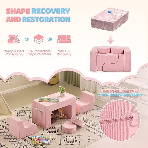 Miniatura 12 de JOYMOR Sofá modular para niños, sofá modular de pana para niños, sofá modular de espuma convertible adecuado para niños y niñas, color beige