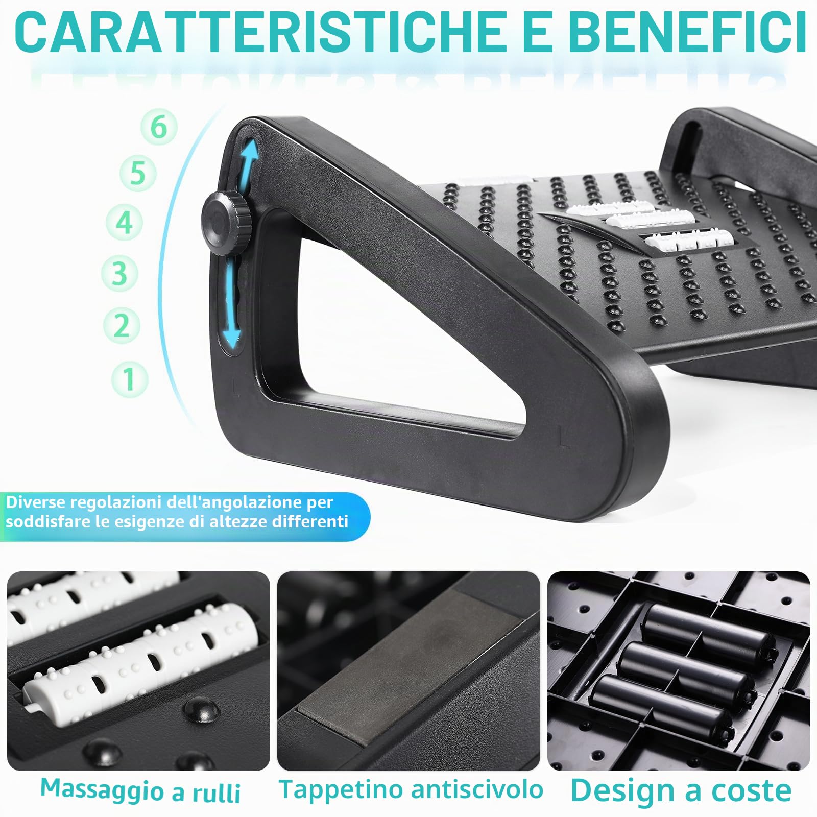 Mkitnvy Poggiapiedi per scrivania Ergonomico con 6 Regolabili e funzione di massaggio, Poggia piedi per casa, ufficio e viaggi