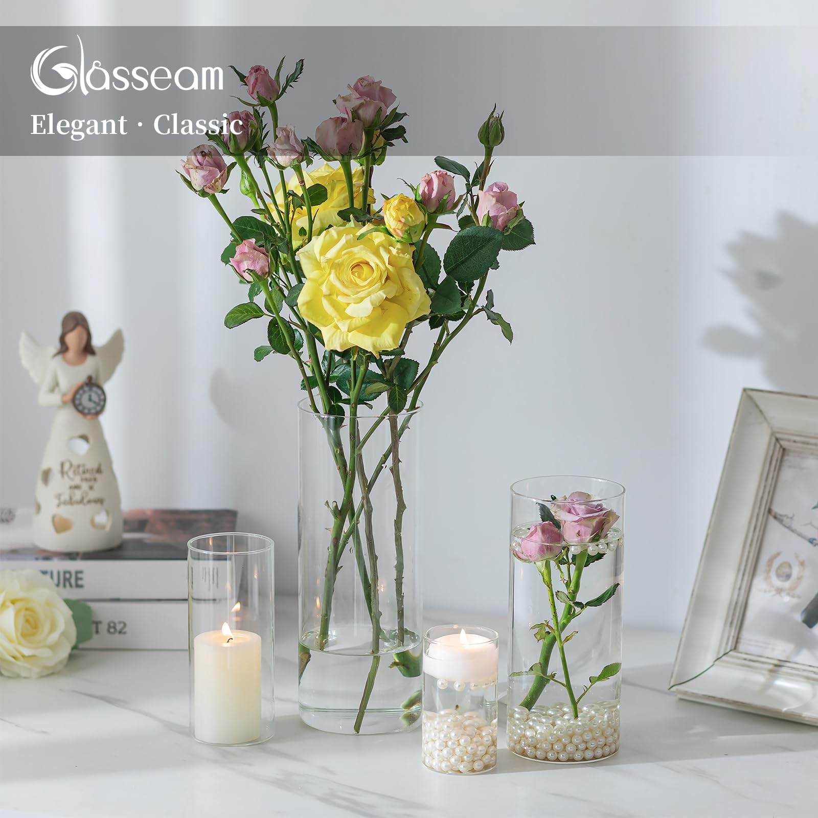 Cilindro Vaso Per Fiori In Vetro Trasparente, 3 Pezzi/Set Glasseam Modern Basic Vasi Per La Decorazione Della Tavola Centrotavola Matrimoni Fiori Rose Pampa Per Soggiorno Ornamenti, 10/15/20 Cm Alto