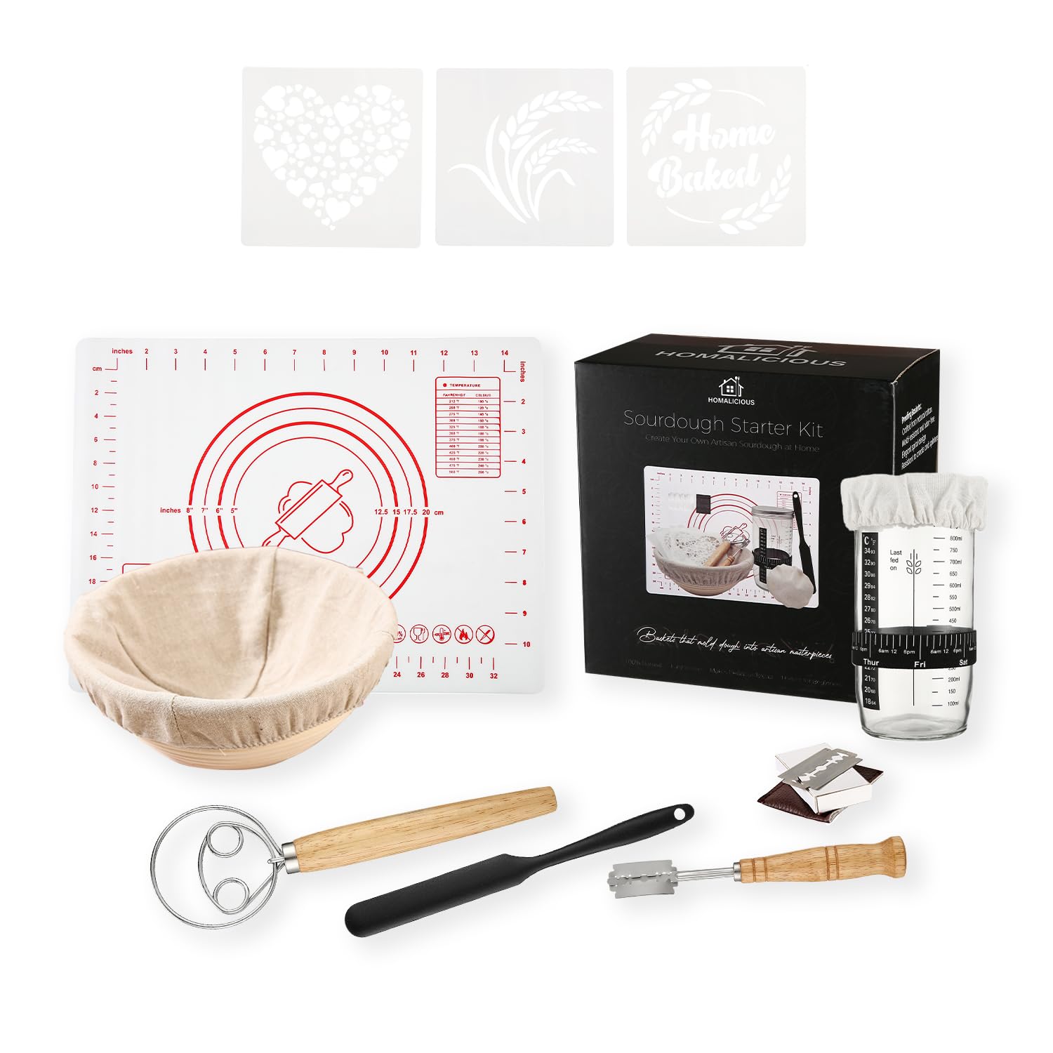 Sourdough Starter Kit With Proofing Baskets - 34oz Jar, Thermometer, Baking Tools, Bread Lame & More