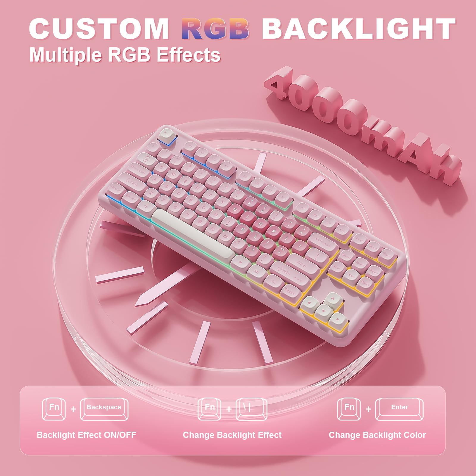 YUNZII B87 Teclado Mecánico Inalámbrico, QMK/Via Custom Teclado de Juego TKL Diseños,BT/2.4G/USB-C Teclado Enchufable En Caliente, Teclado RGB con Wrist Rest para Win/Mac (Pink, Cocoa Cream v2)
