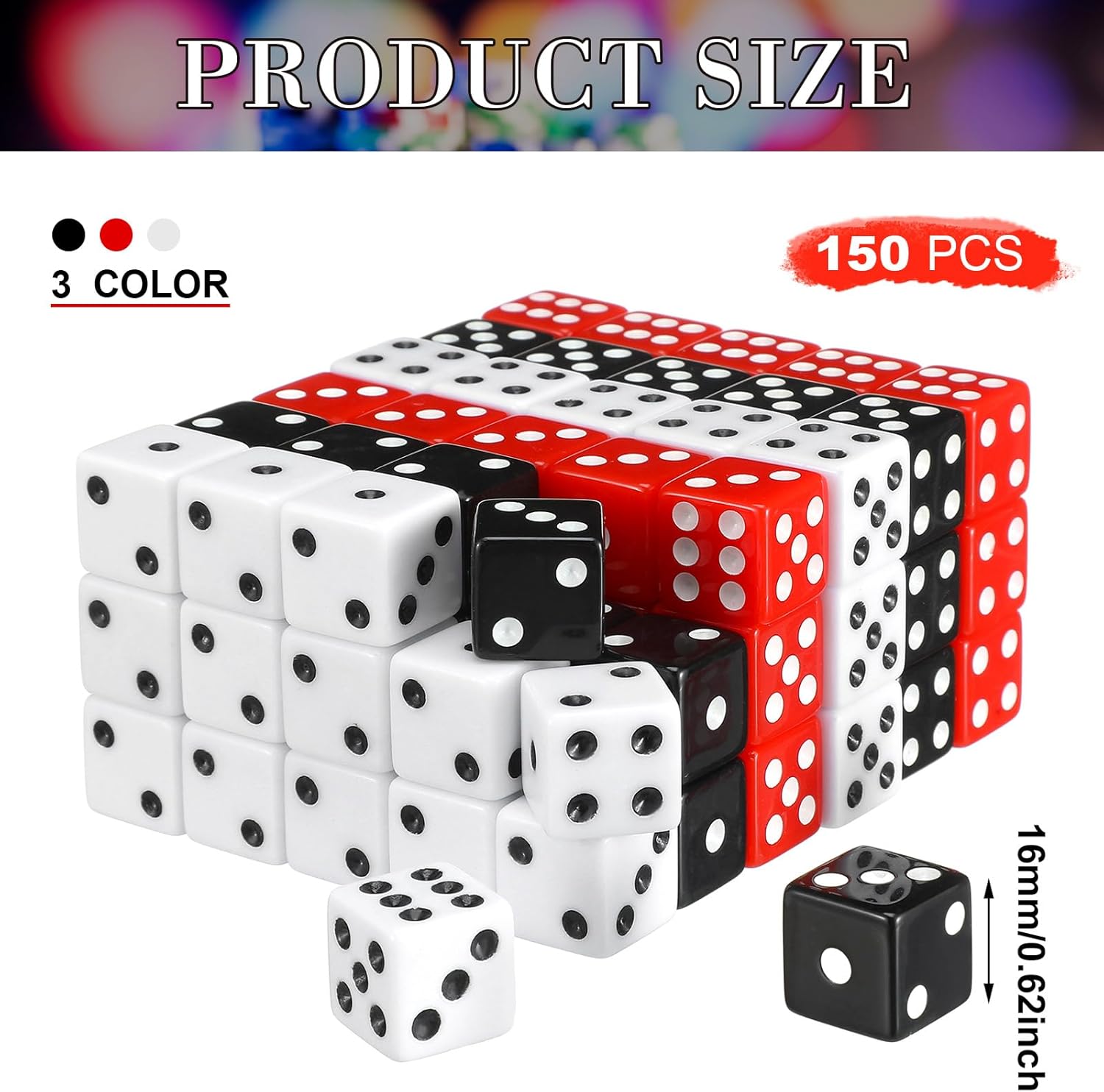 Poen 150 Pcs Dice Set 16mm Standard Game Dice Bulk Black White Red Acrylic Casino 6 Sided for Casino Night Party Decor, Craps, Board and Tabletop Games