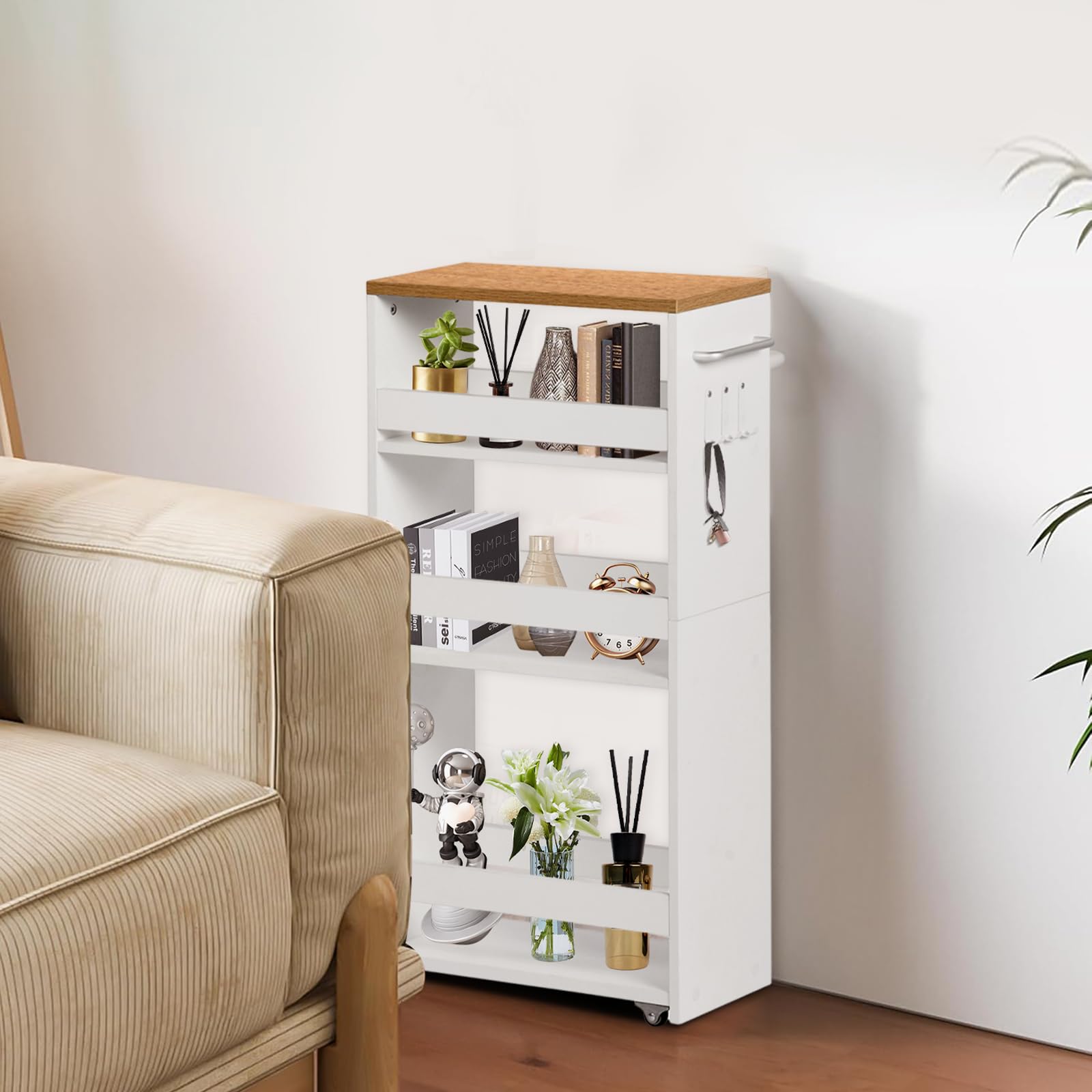 Chariot de Rangement 20 cm à roulettes, Desserte de Cuisine à 4 Niveaux avec Poignée Latérale et Crochets, Design Étroit pour Petit Espace, Salle de Bain, Salon, Bureau, Naturel et Blanc