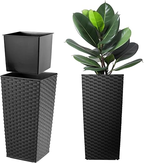 KADAX Blumentopf, Blumenkübel aus Kunststoff, Pflanzkübel für Blumen, Innen- und Außenbereich, Garten, Balkon, Terrasse, Haus, wetterfest, Rattan Imitation (57cm Höhe, Mokka...