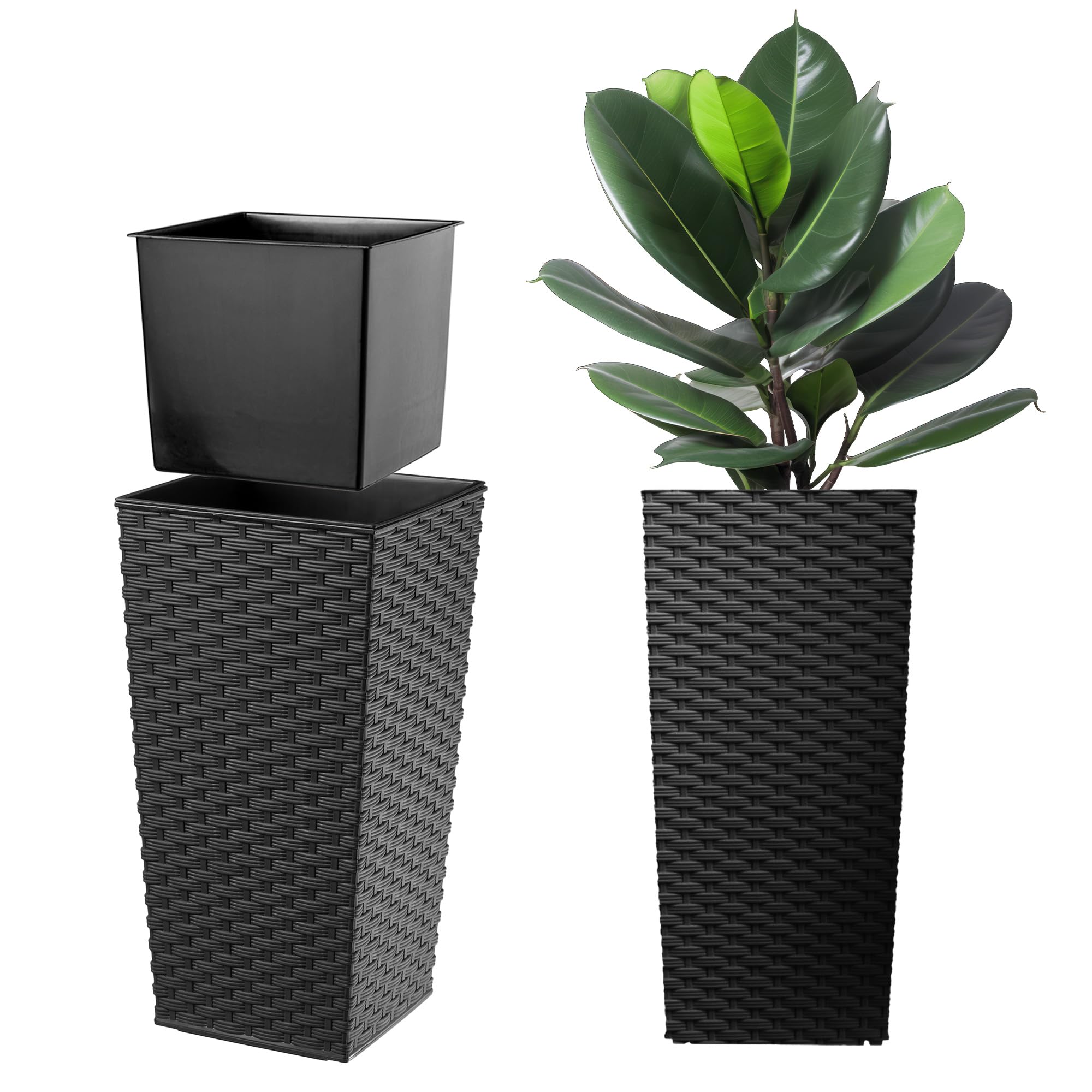 KADAX Elegante Vaso Alto per Piante da Interno ed Esterno Decorativo, Grande Fioriera in Plastica per Giardino e Balcone (Nero, Rattan, 68 cm, ca. 38L)