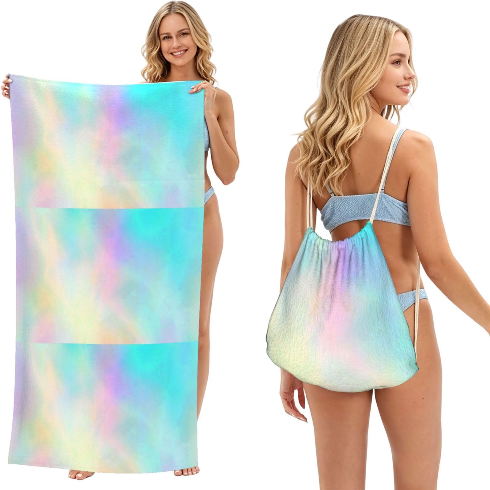 Poadnly As Picture Very Beautiful Rainbow Texture Hologram Foil, 2 In 1 Packable Towel Bag, Beach Towels With Drawstring Backpack For Travel Holiday Camping
