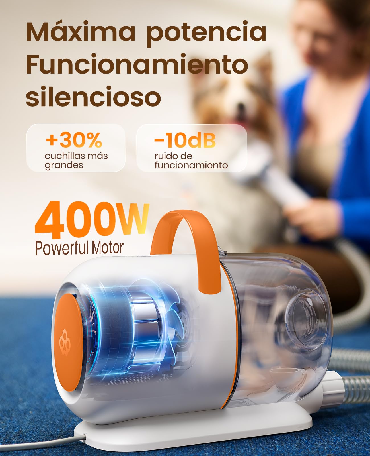 oneisall Cortapelos Perros con aspiradora de pelo, 15000Pa máquina de corte silenciosa para perros y gatos y otras 6 herramientas de aseo, Aspira el 99% del pelo de las mascotas