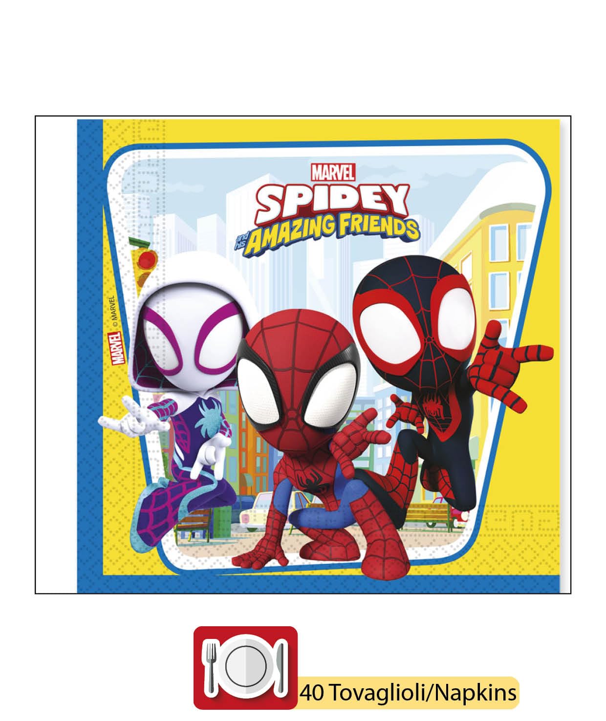 Kit Party Tavola Marvel Spider-Man Spidey and His Amazing Friends per 24 persone (88 pezzi: 24 piatti Ø23cm, 24 bicchieri 200ml, 40 tovaglioli 33x33cm)