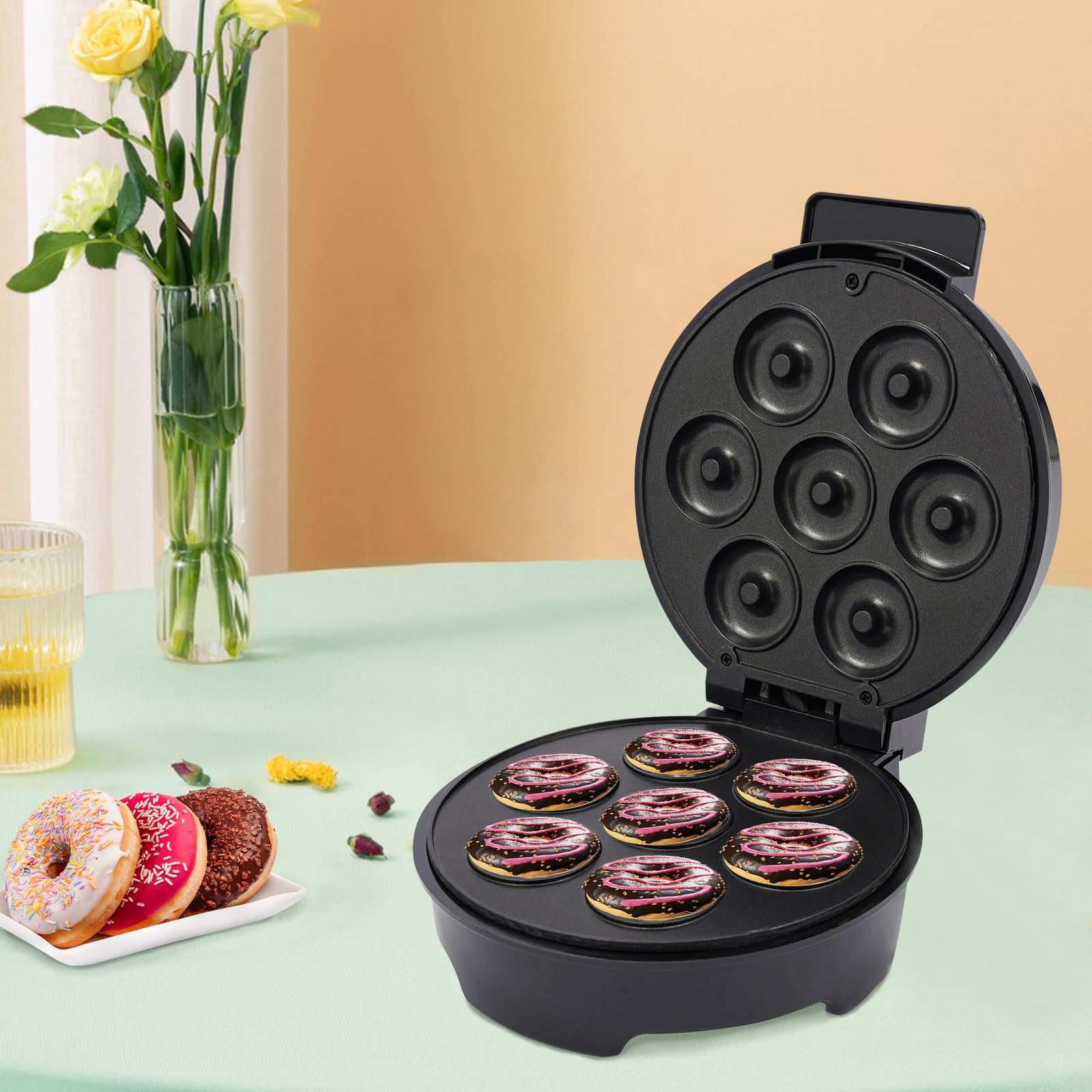 Donut Maker Donut Ständer Appareil à Donuts Machine à Mini Beignets Électrique, Enfants Petit Déjeuner, 7 Petits Donuts, Revêtement Antiadhésif, Double Face 1000 W